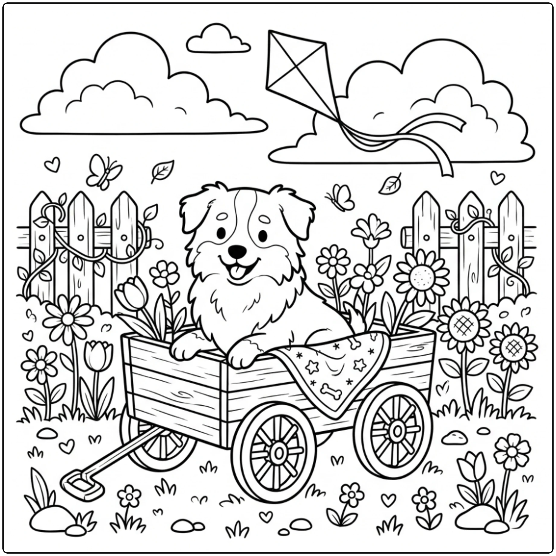 Cute mini Australian Shepherd coloring page in a wagon with flowers