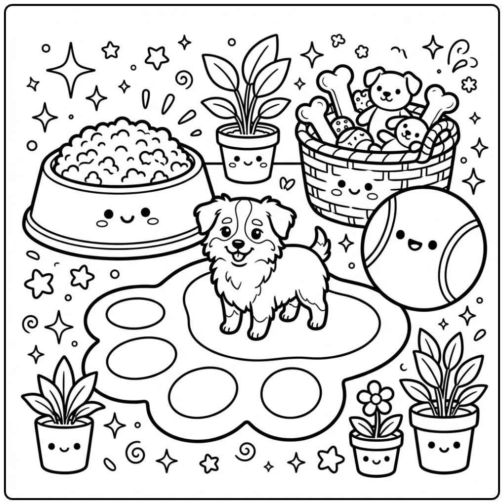 Tiny mini Australian Shepherd coloring page on paw print rug