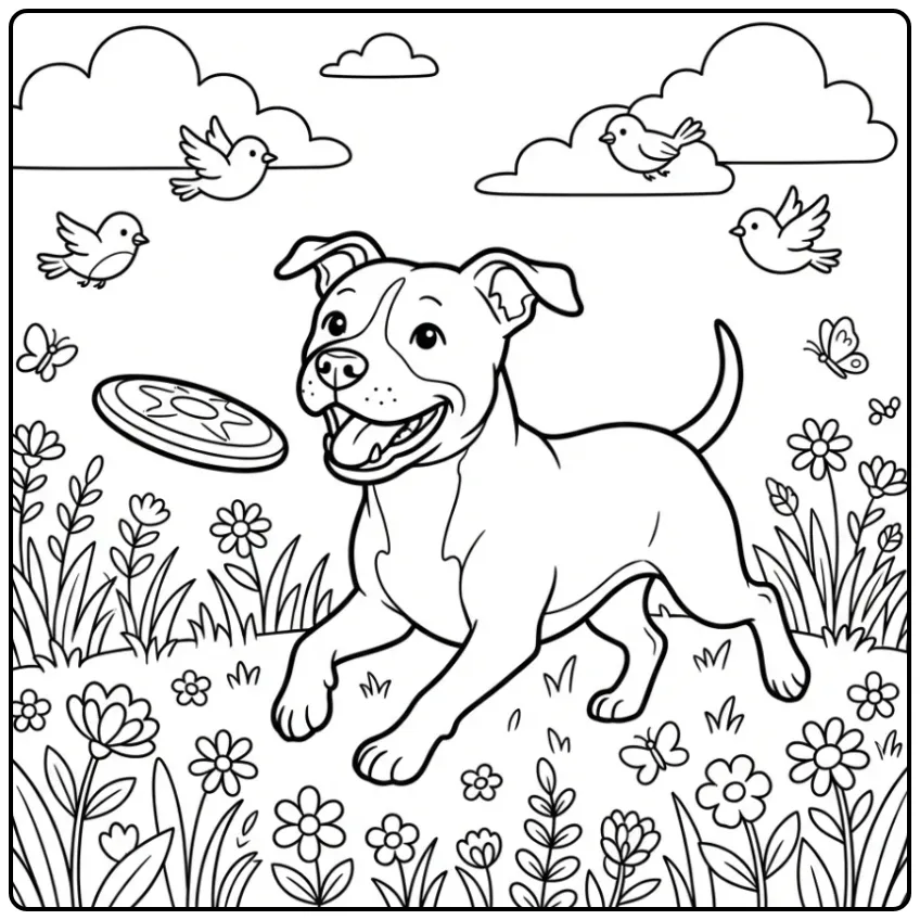 A happy dog chasing a frisbee for a Pitbull Coloring Page.