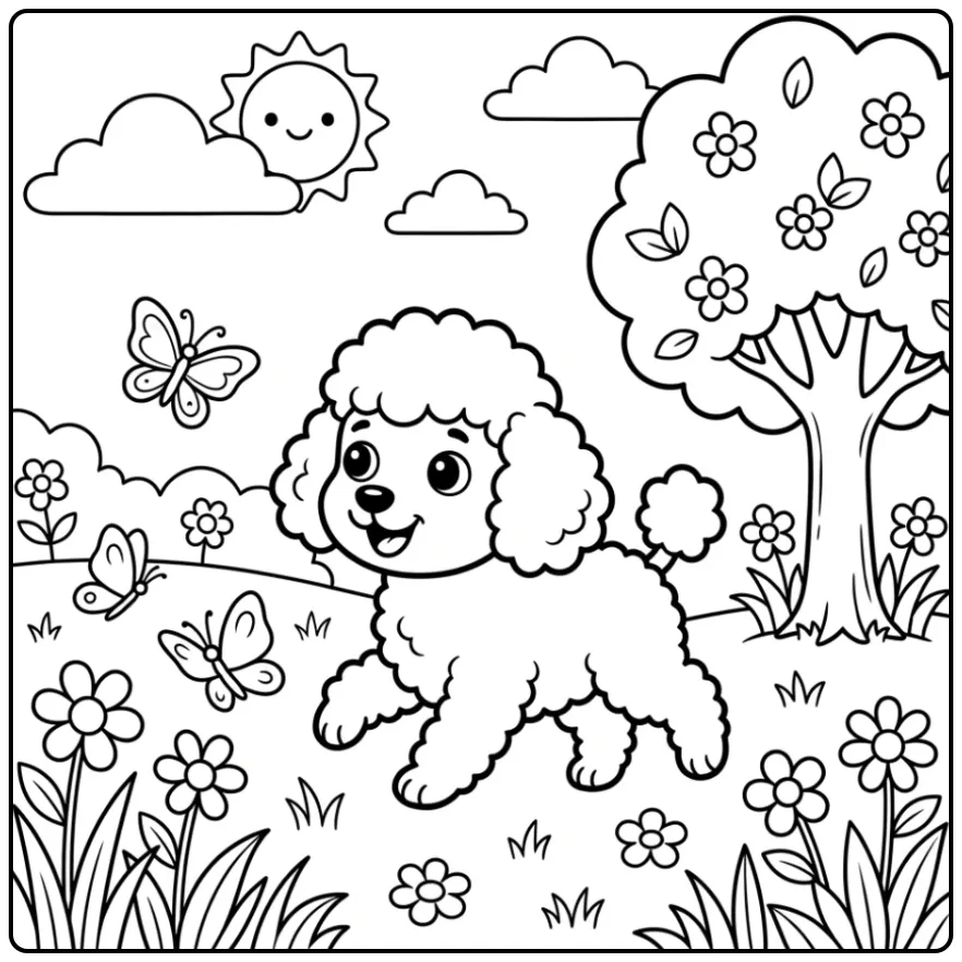 A joyful Poodle Puppy Coloring Page in a park with flowers.