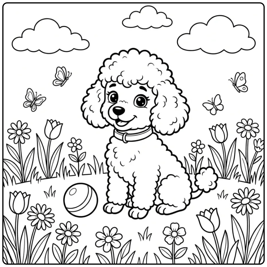 A cute Poodle Puppy Coloring Page in a sunny spring meadow.