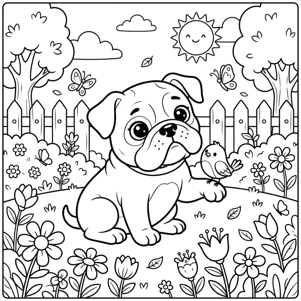 A cute Bulldog Coloring Page with a puppy and a tiny bird.