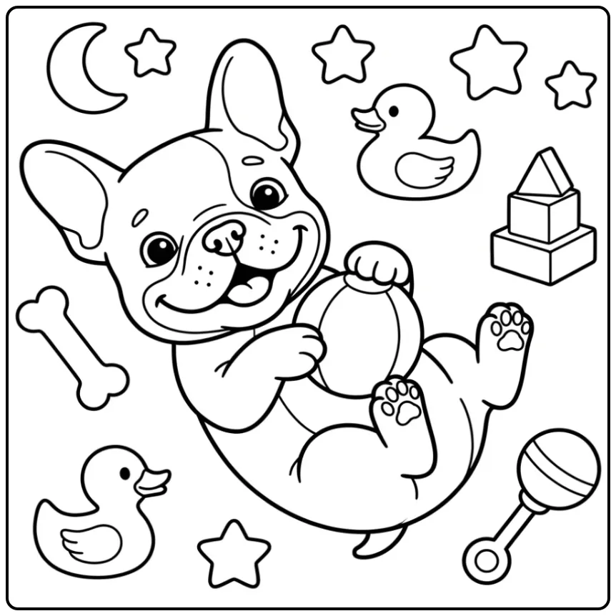 A happy puppy on its back for this Easy French Bulldog Coloring Page.