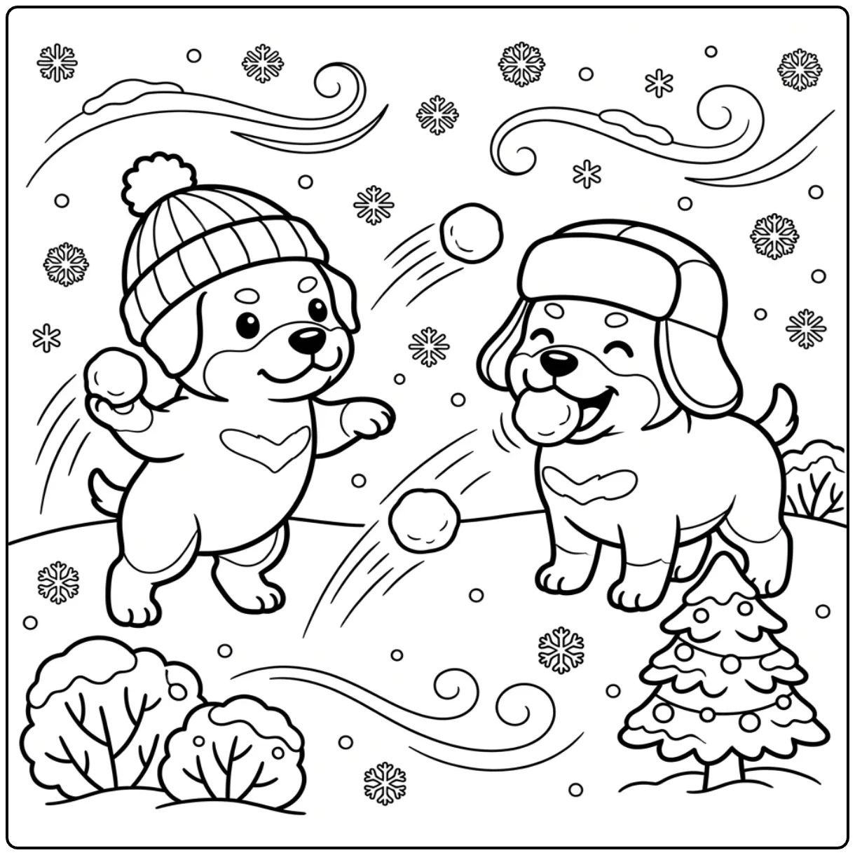Cute puppies on a Winter Rottweiler coloring page playing.