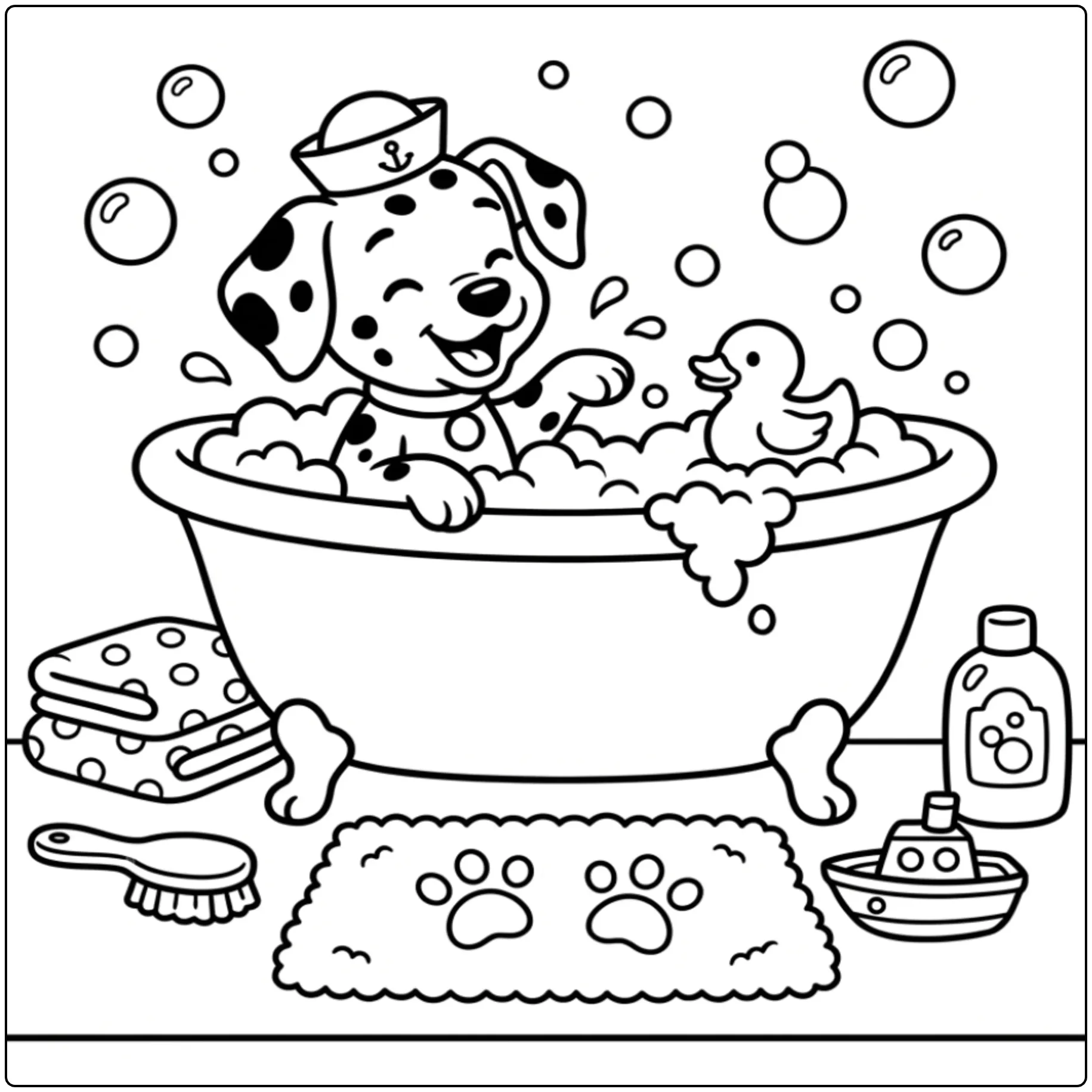 Cute puppy in a tub for a Dalmatian coloring page.