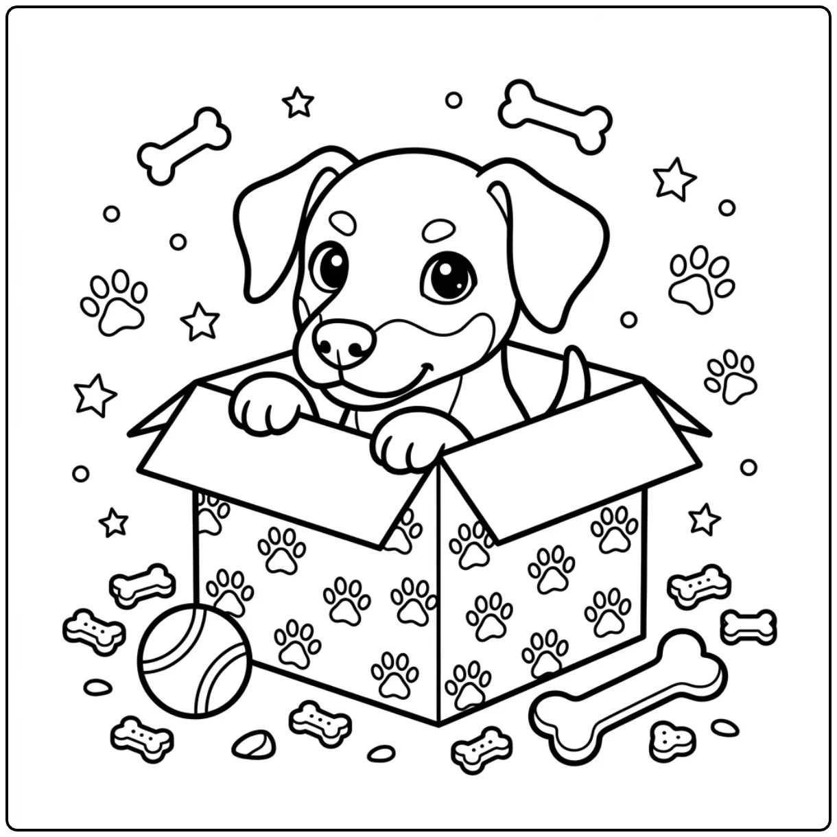 Cute Puppy Doberman coloring page with toys.