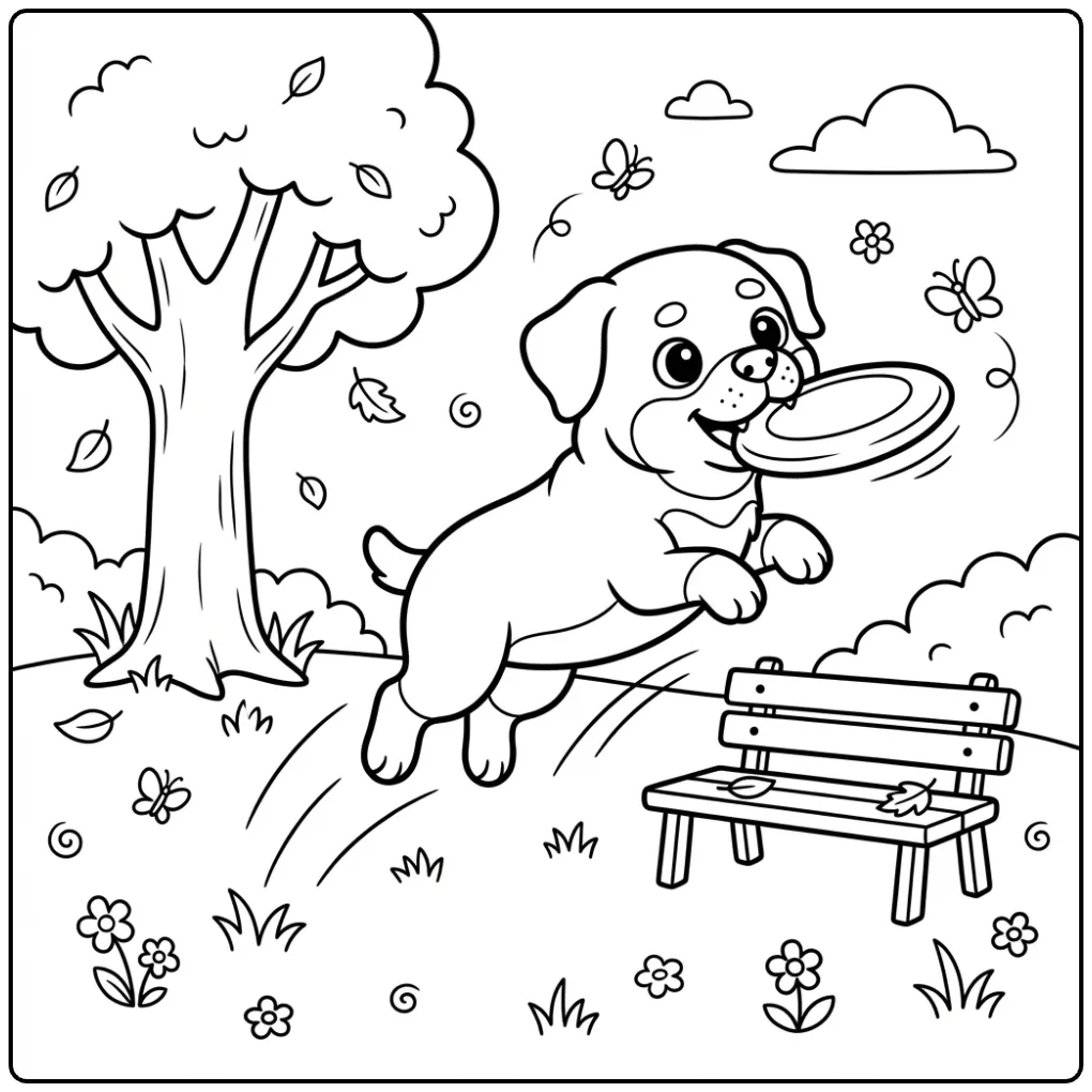 Cute Rottweiler coloring page with a puppy catching a frisbee.