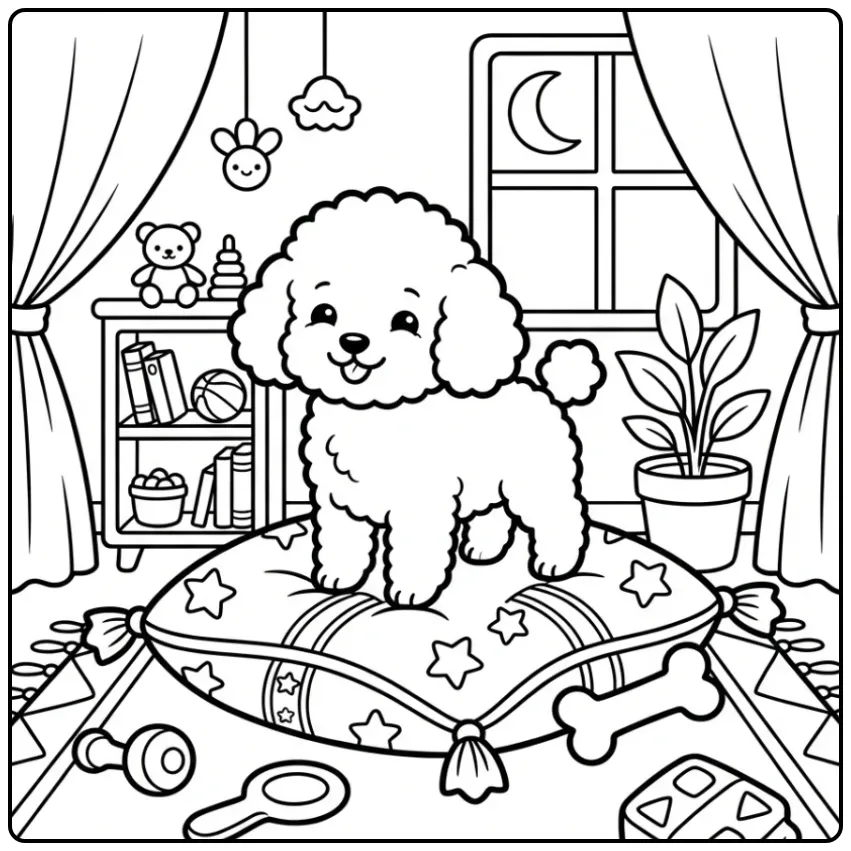 A cute puppy on a starry pillow for a Toy Poodle Coloring Page.