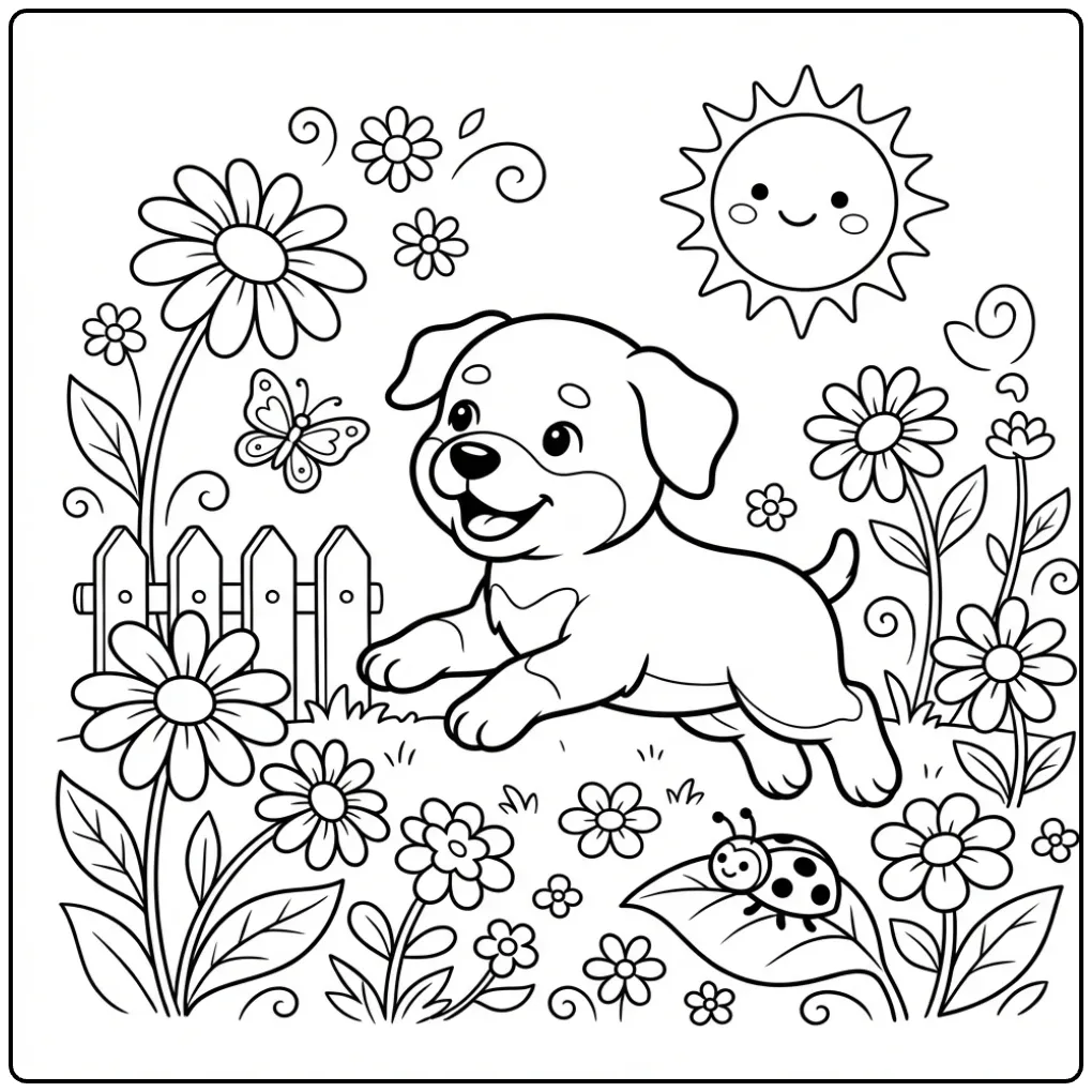 Cute Rottweiler coloring page with a puppy chasing a butterfly.
