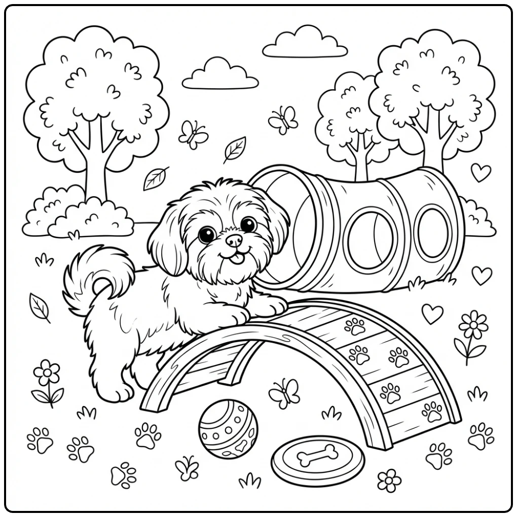 Cute dog on a ramp in this Shih Tzu coloring page scene.