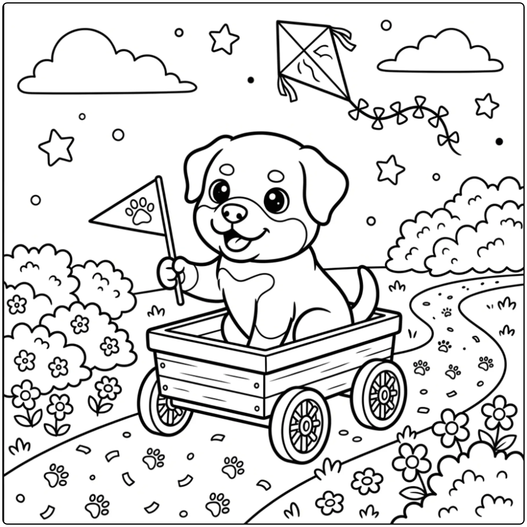 Cute Rottweiler coloring page of a puppy in a wagon with a flag