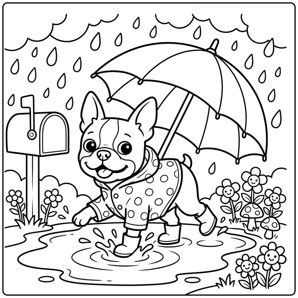 Cute puppy in rain boots Boston Terrier coloring page