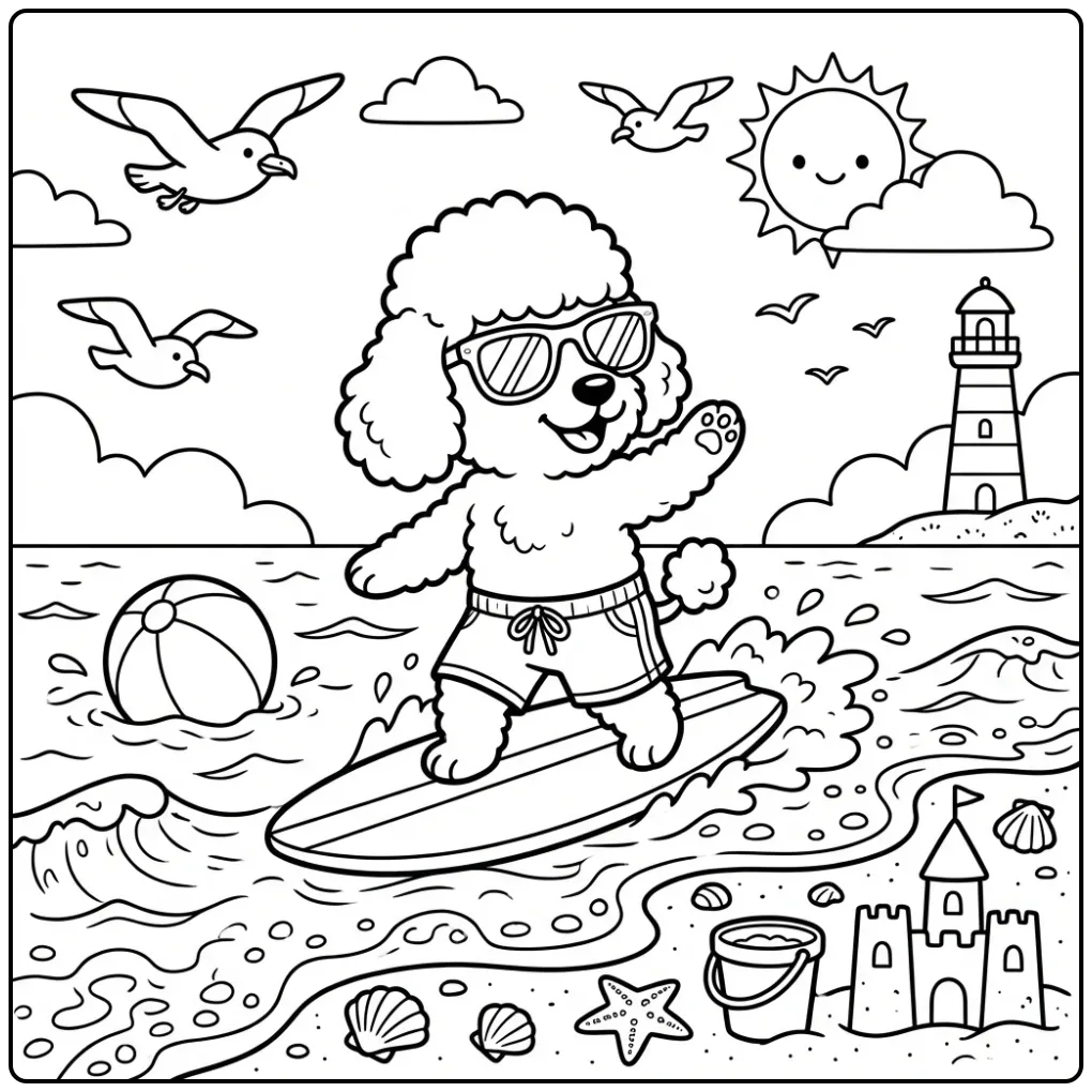 A cartoon surfing dog on a fun Summer Beach Poodle Coloring Page.