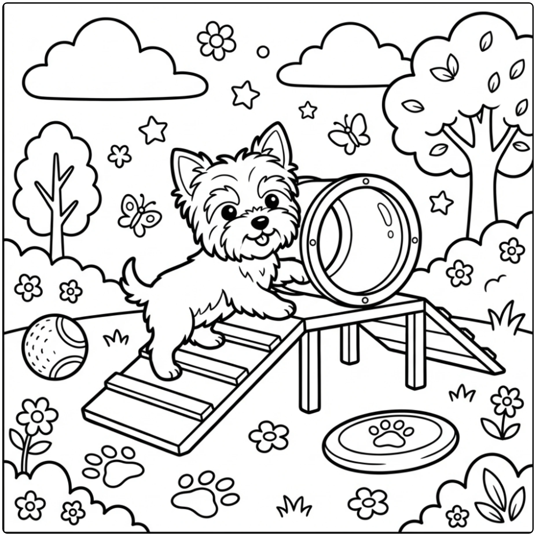 Yorkie coloring page featuring a puppy playing in a tunnel.