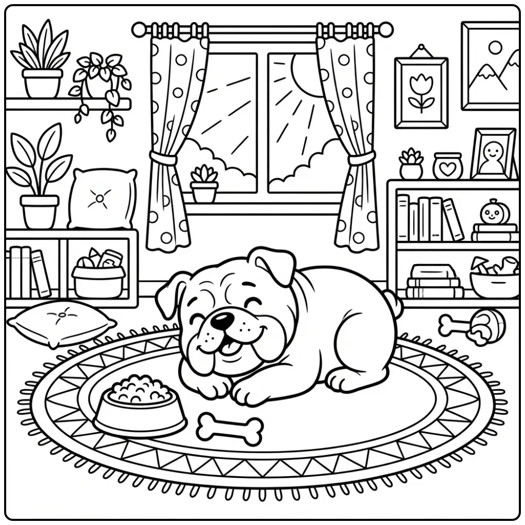 A cute Realistic Bulldog Coloring Page inside a cozy room.
