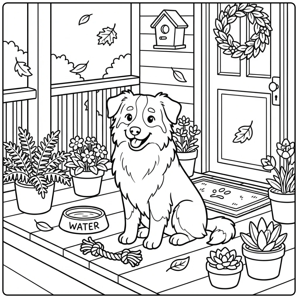 Cute Australian Shepherd coloring page on a porch with toys.