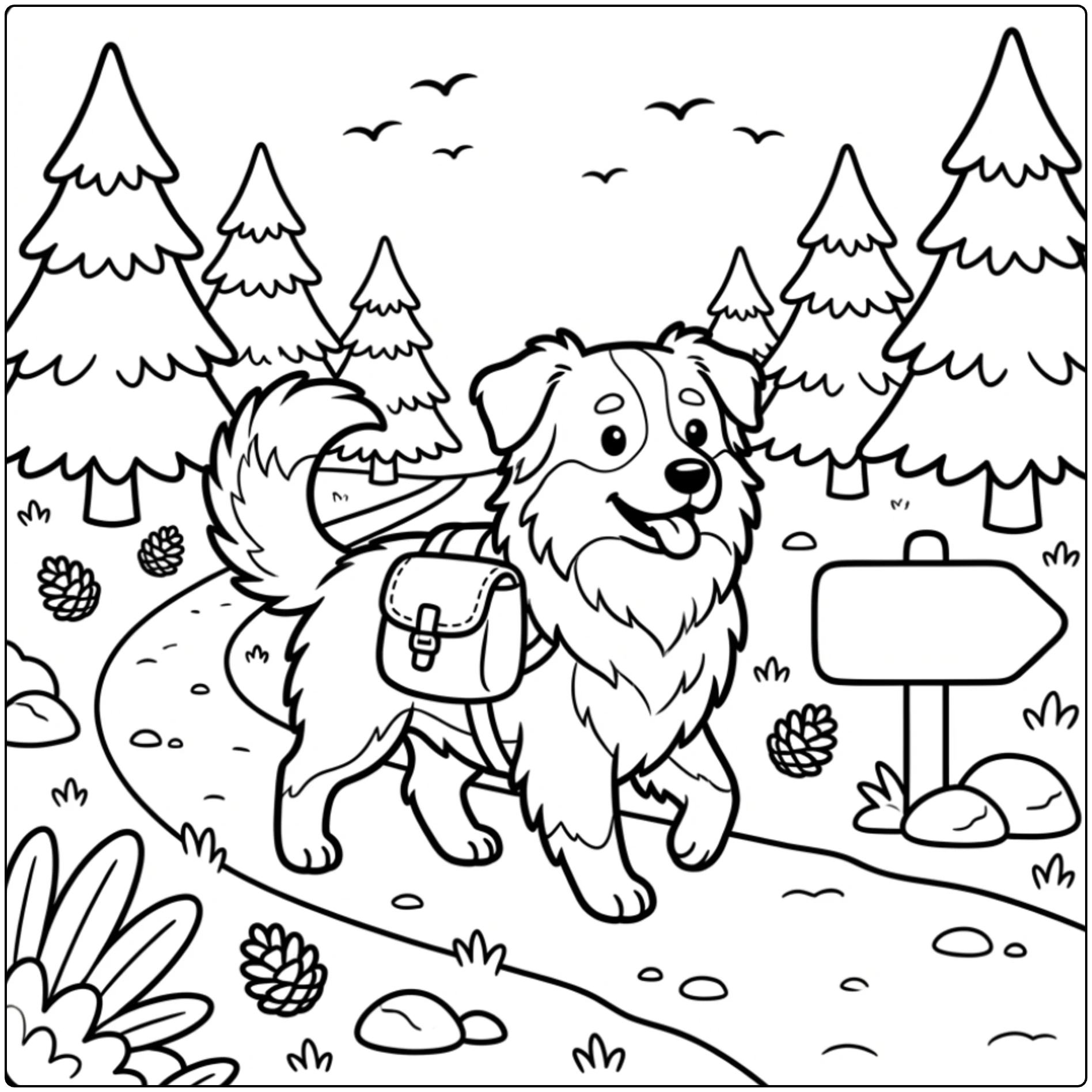 Cute Australian Shepherd coloring page hiking on a trail.