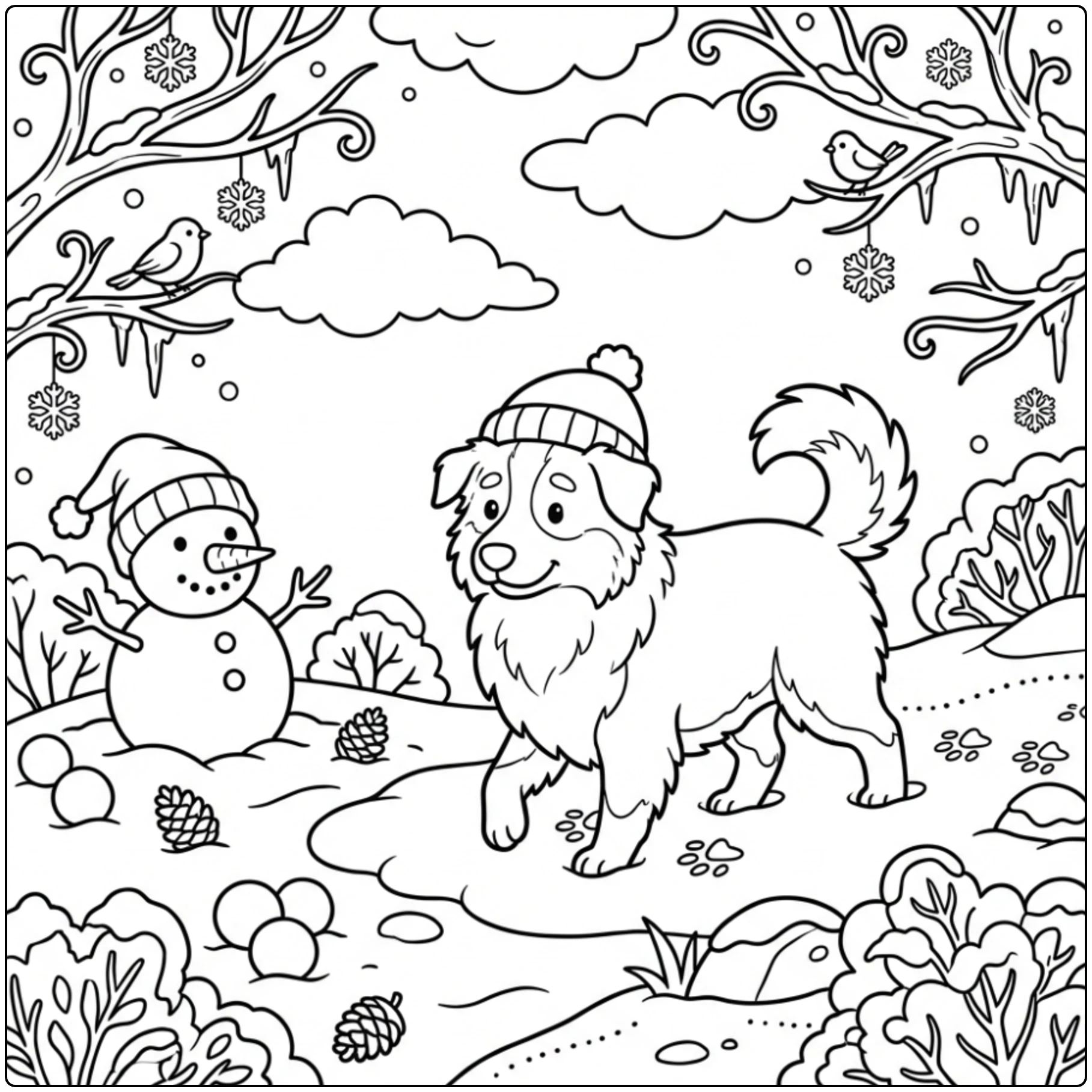 Cute Australian shepherd in snow coloring page with snowman