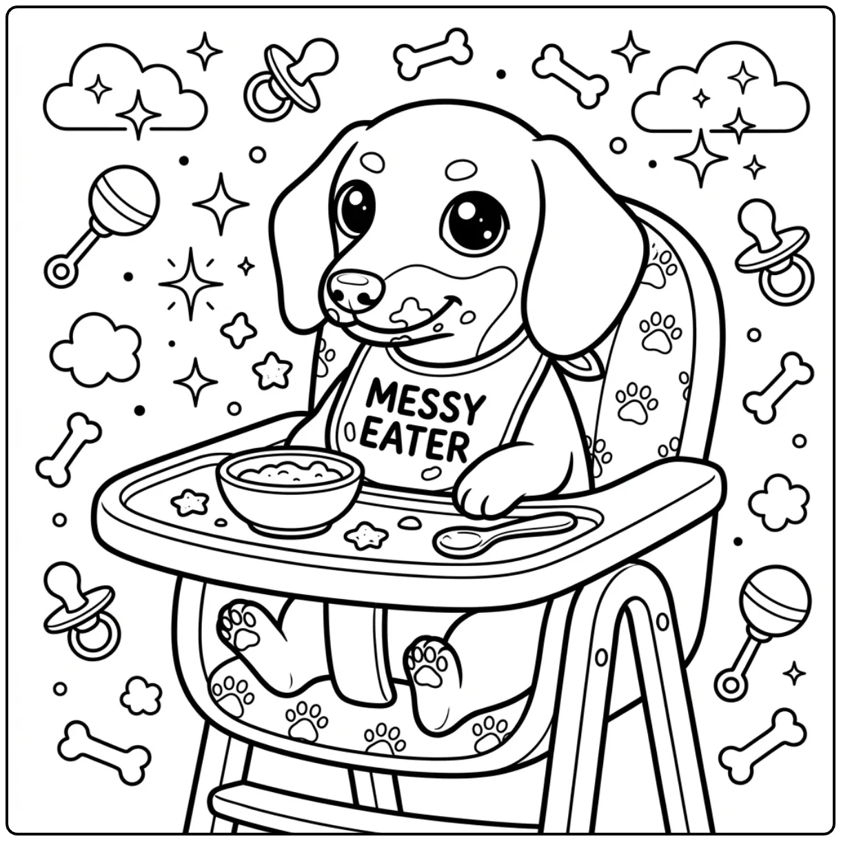 Cute Baby Dachshund coloring page with puppy in high chair