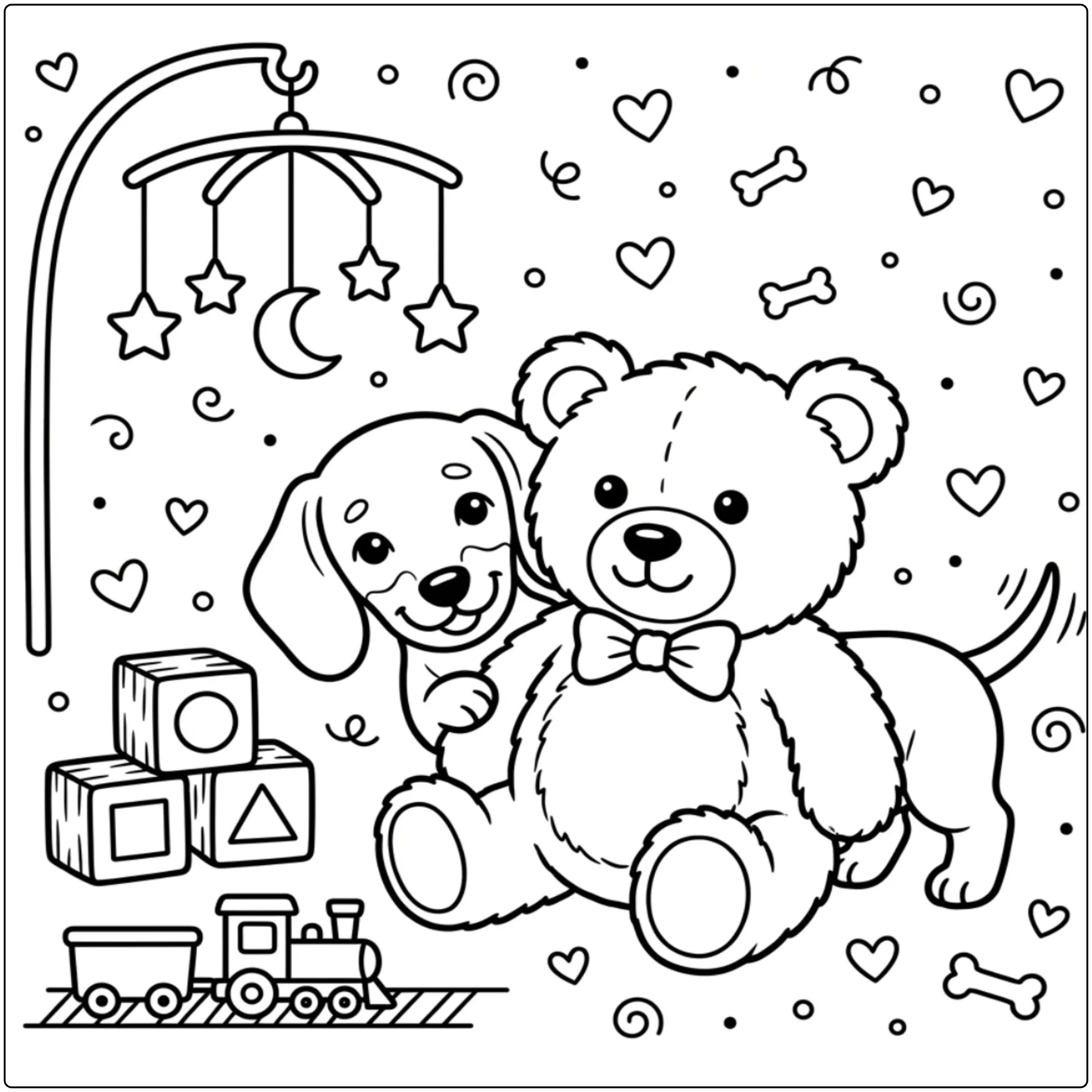 Cute Baby Dachshund coloring page with puppies and teddy bear.