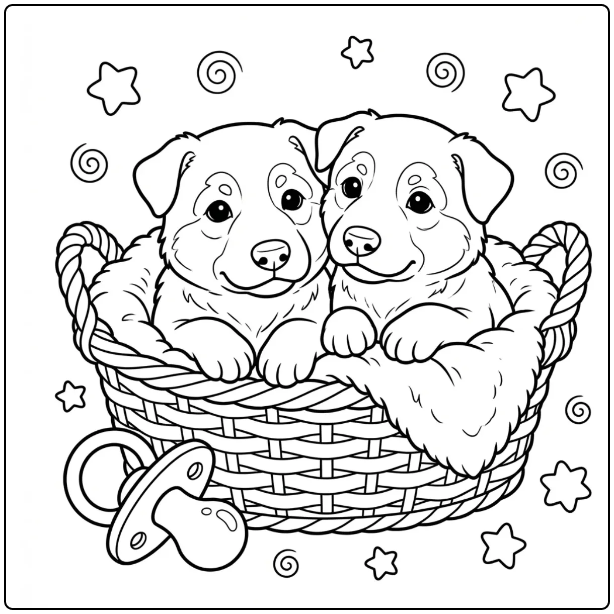Cute pups in a basket: baby German Shepherd coloring page.