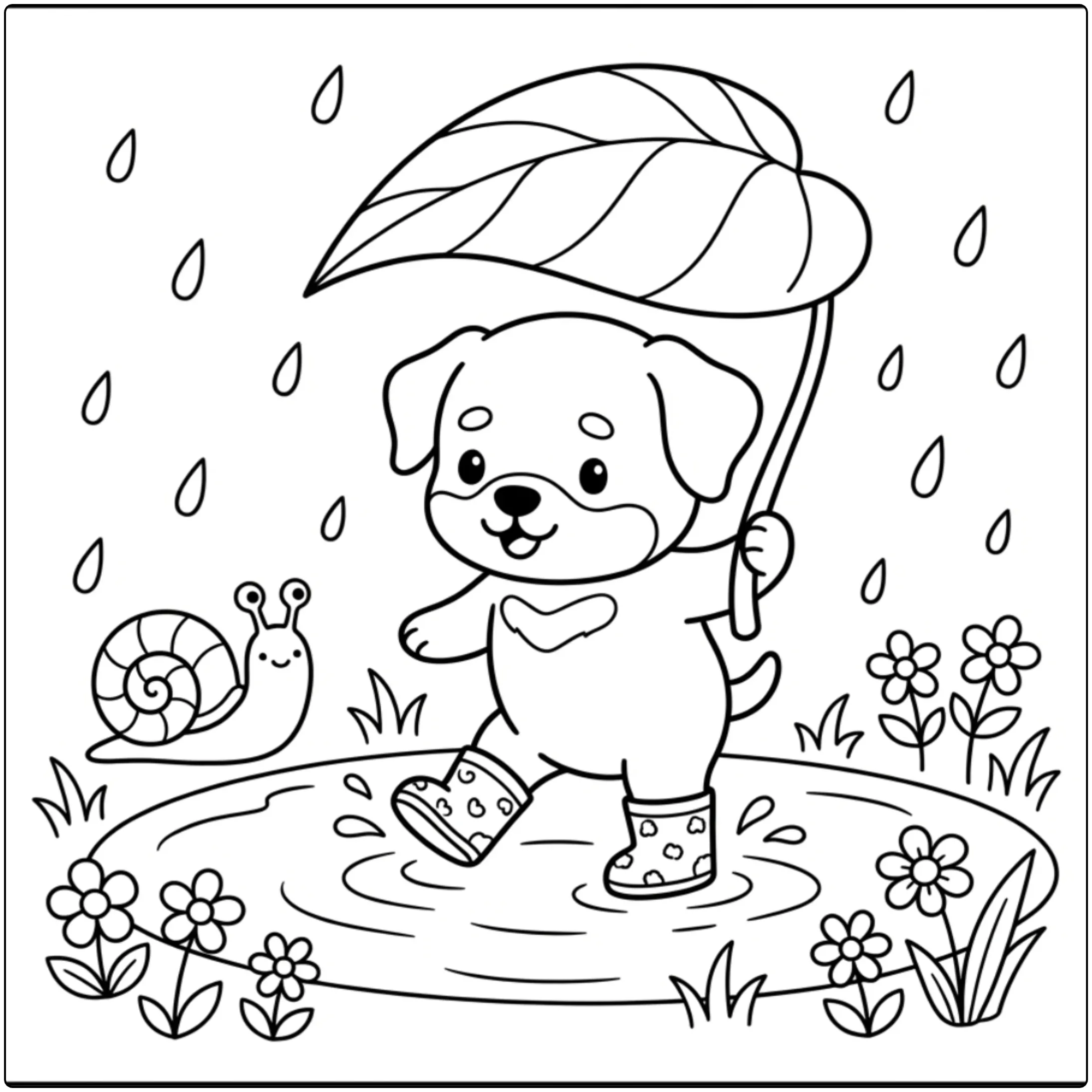 Cute Baby Rottweiler coloring page with rain boots and umbrella