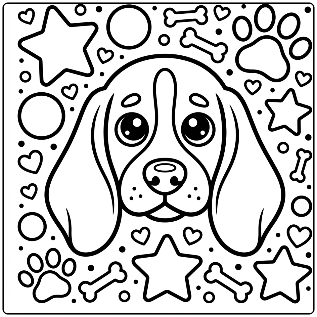 Cute Basset Hound coloring page for beginners with stars.