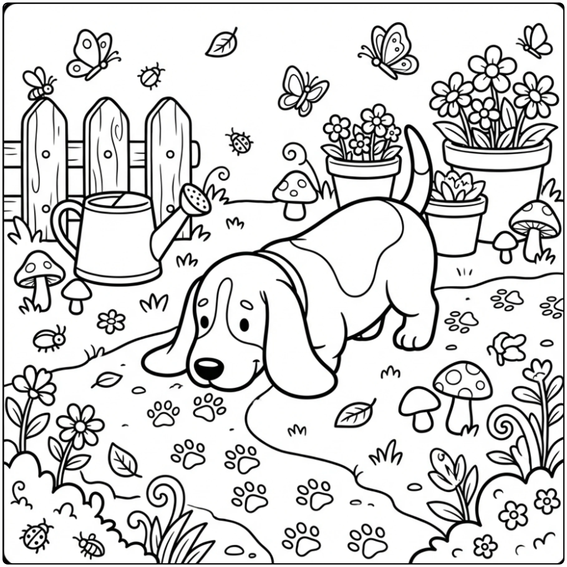 Basset Hound coloring page sniffing tracks in a garden.