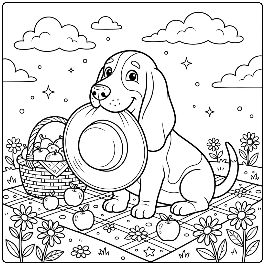 Cute Basset Hound coloring page with picnic basket and hat.