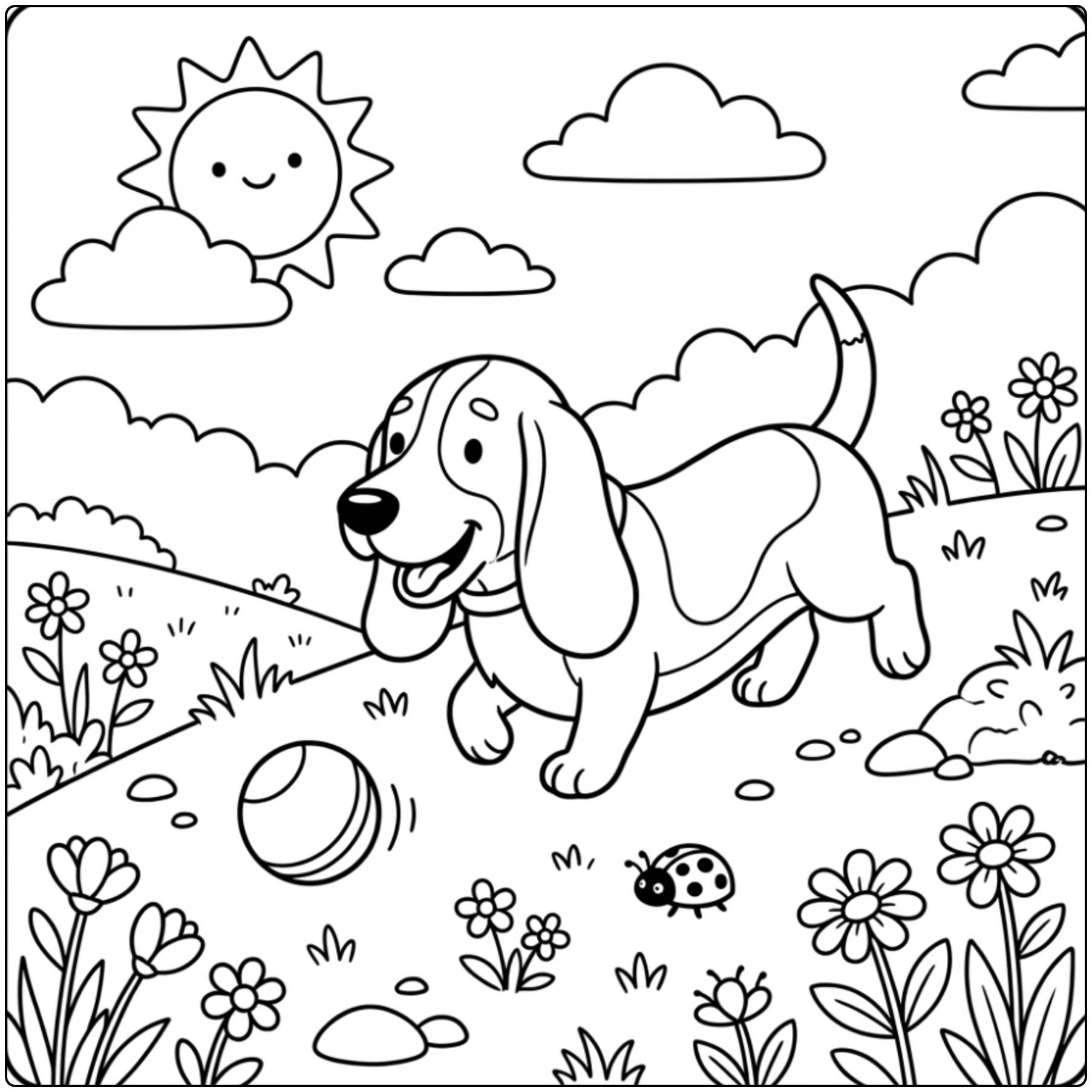 A cute Basset Hound coloring page chasing a ball outside.