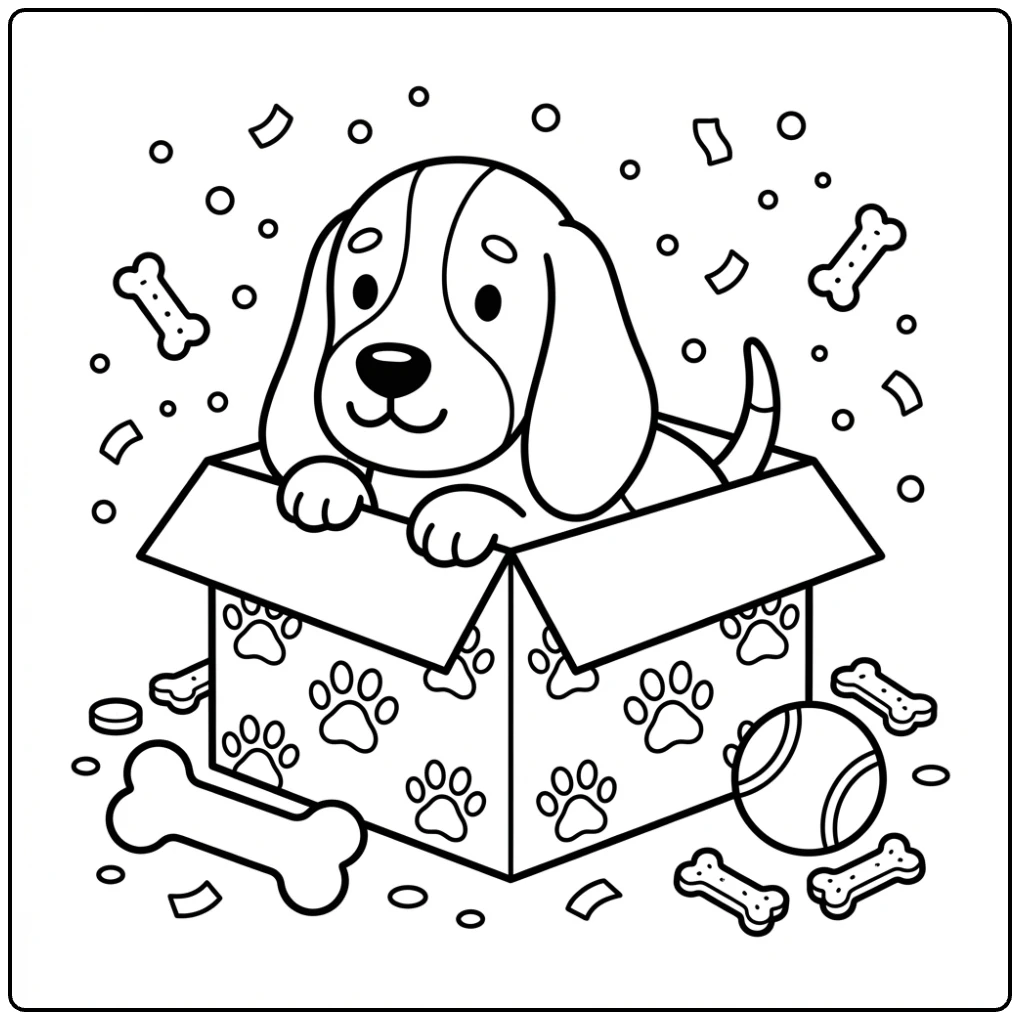 Cute Basset Hound coloring page peeking from a patterned box.