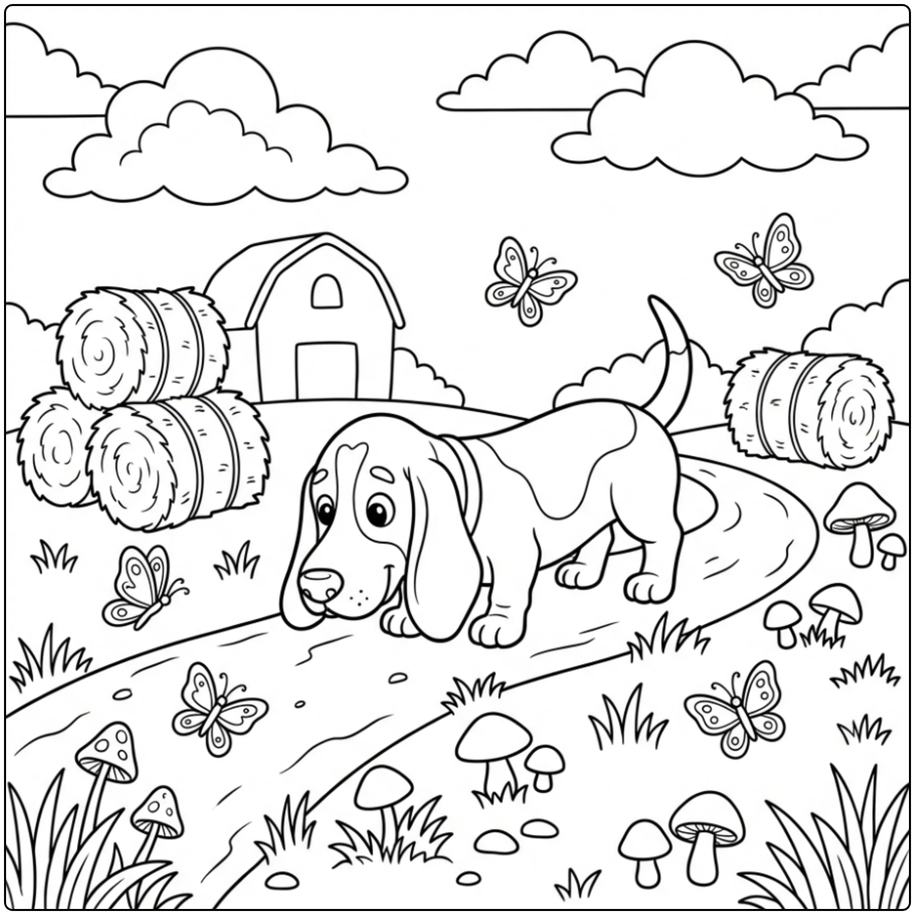 Cute Basset Hound countryside trail coloring page with hay.