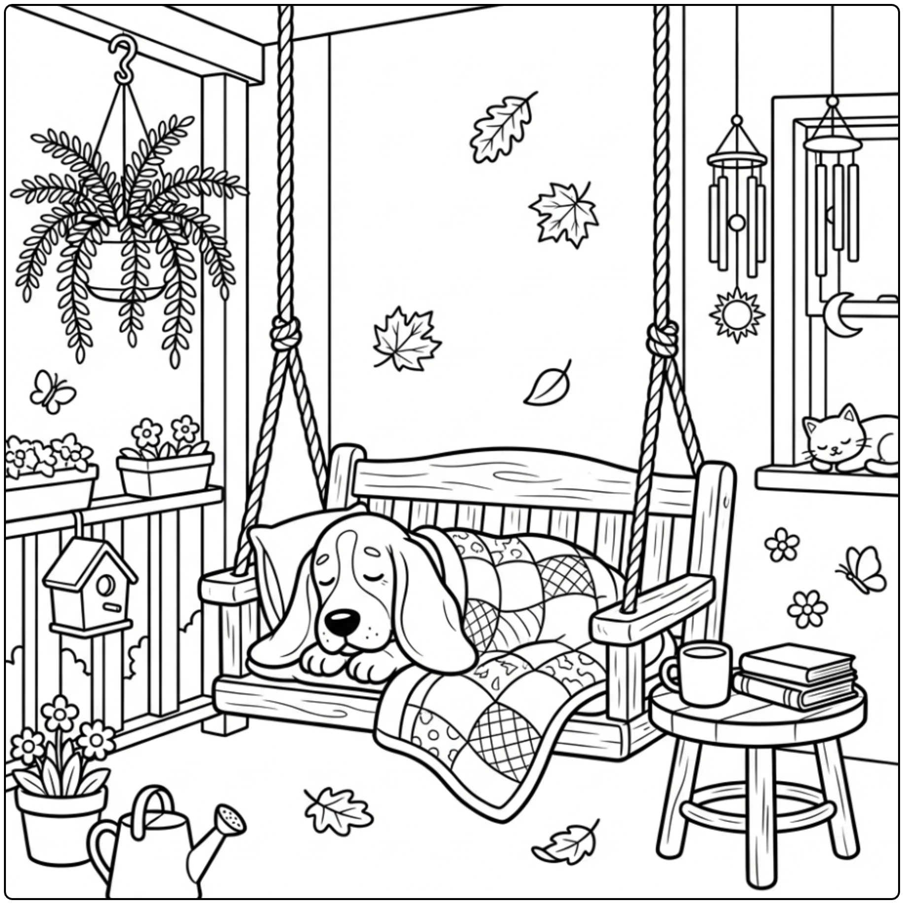 Cute Basset Hound porch nap coloring page with wind chimes.