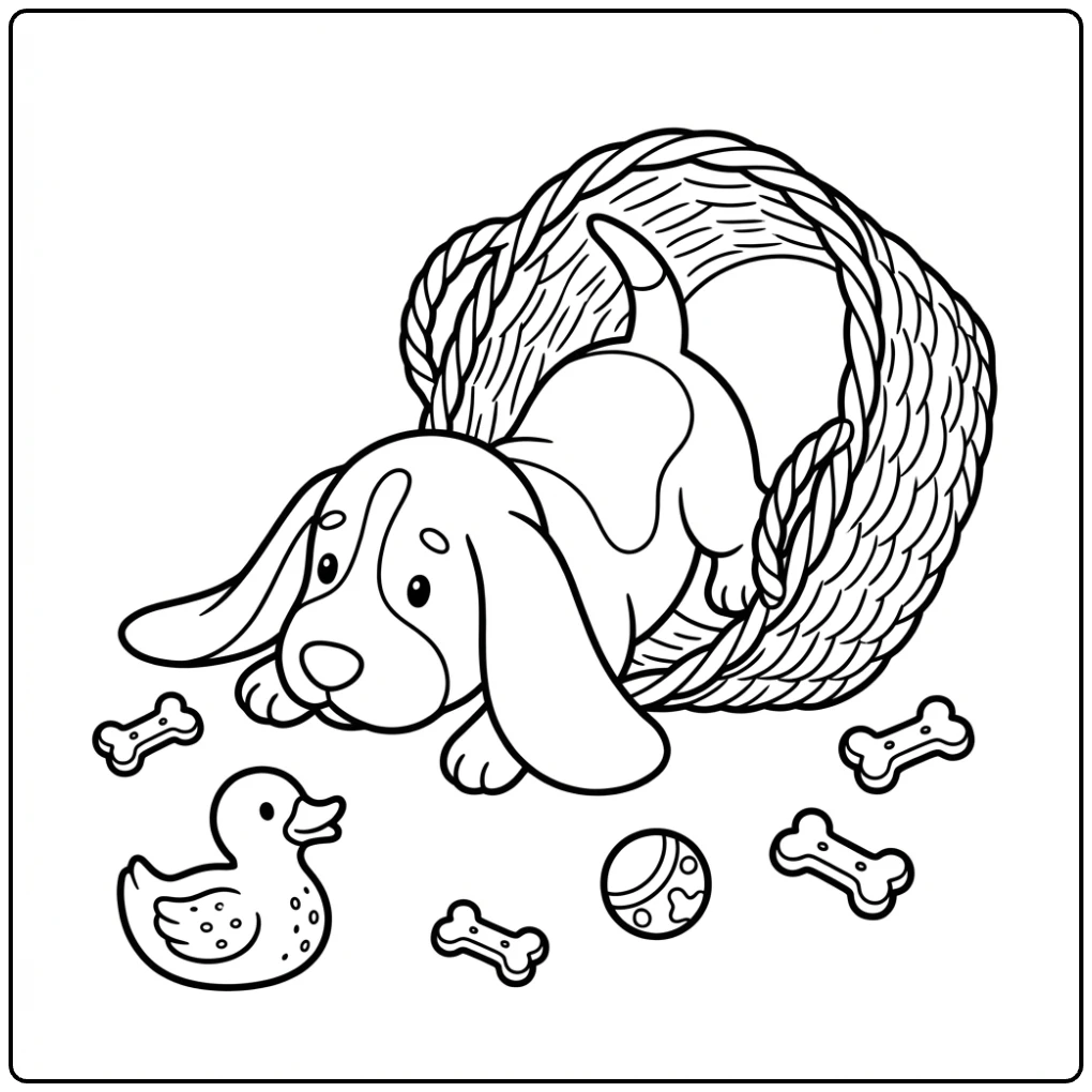 Cute Basset Hound Puppy coloring page with toys and treats