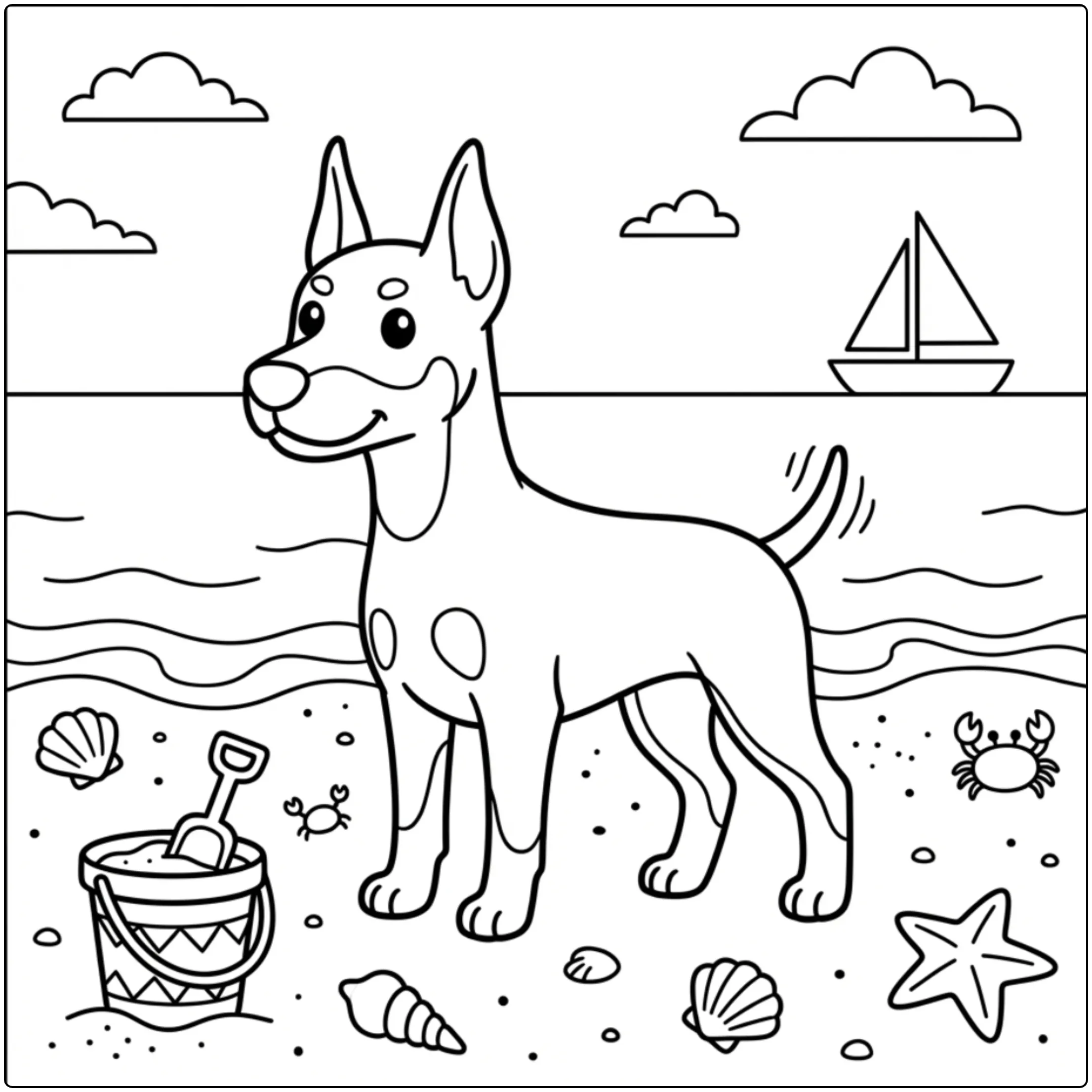 Cute Doberman coloring page with beach bucket and shells