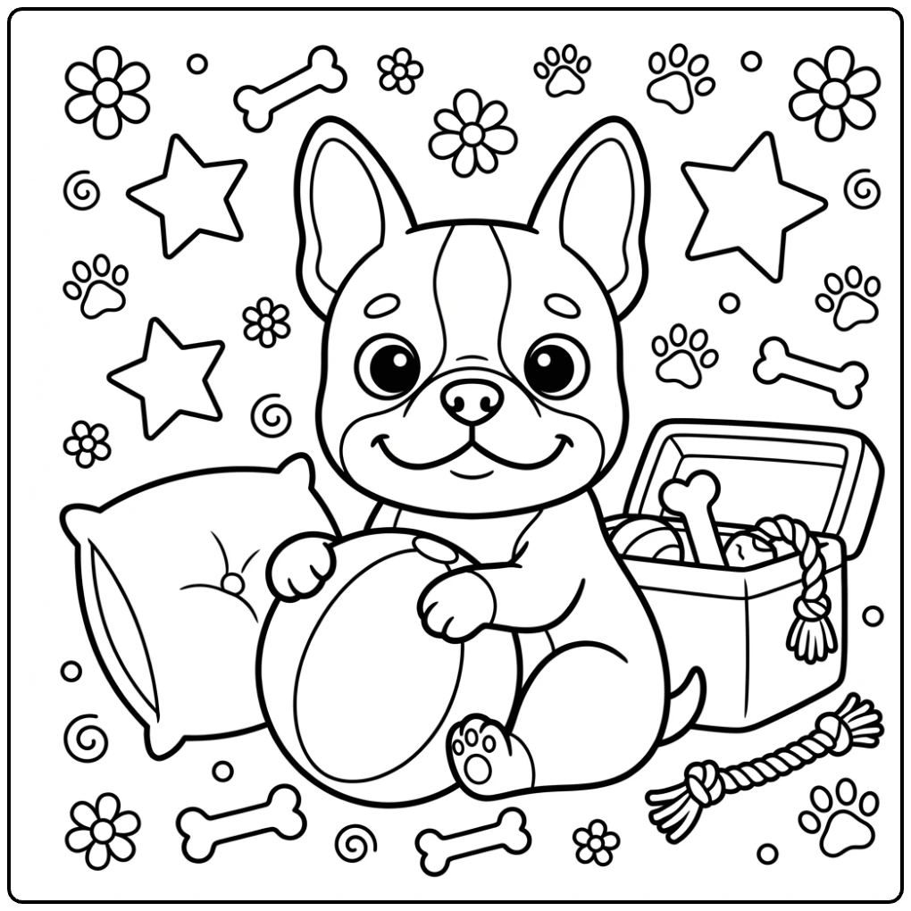 Cute Boston terrier coloring page for beginners with a ball
