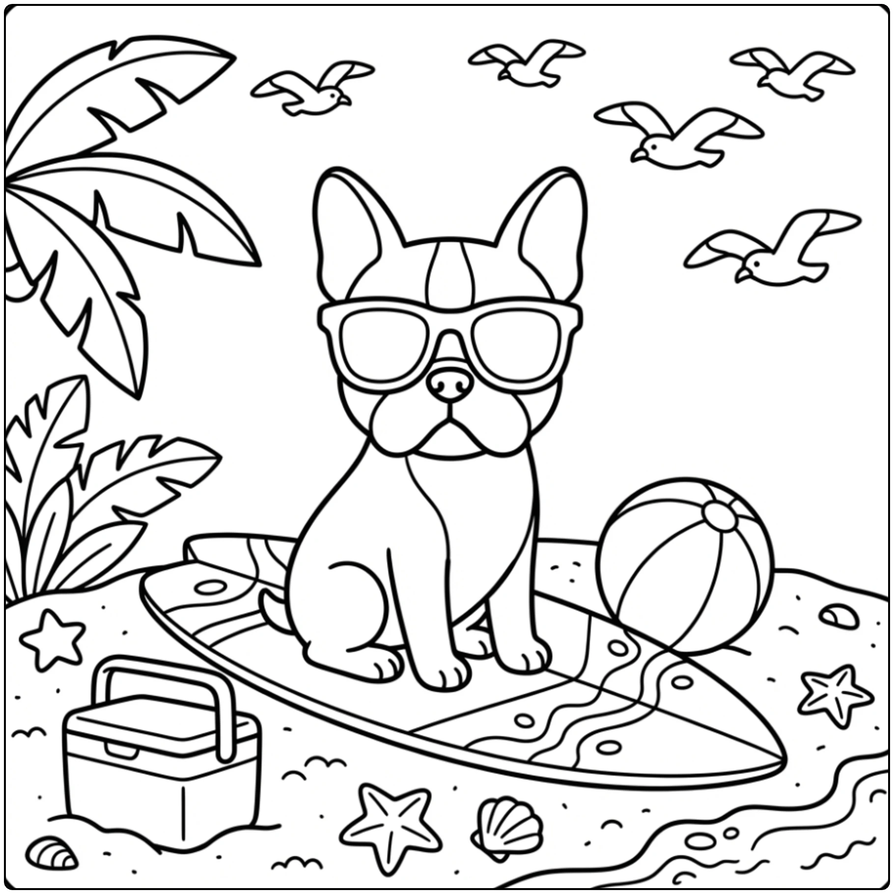 Cute Boston terrier in beach coloring page on a surfboard.