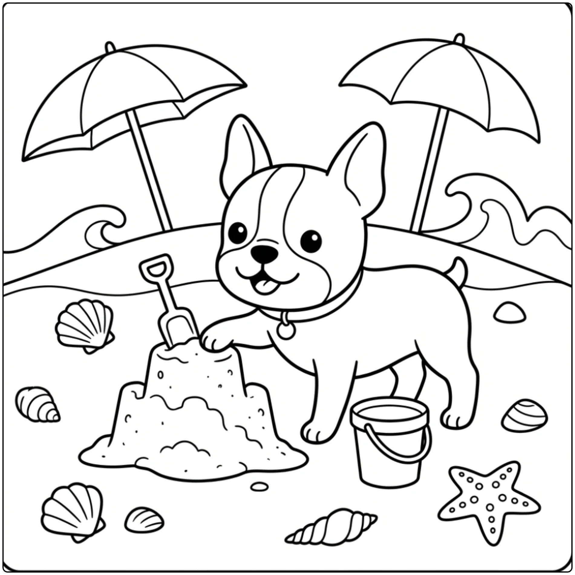 Cute Boston terrier in beach coloring page building sandcastle.