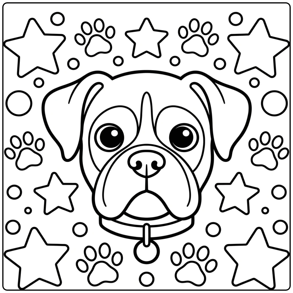Cute boxer dog coloring page for preschool with stars