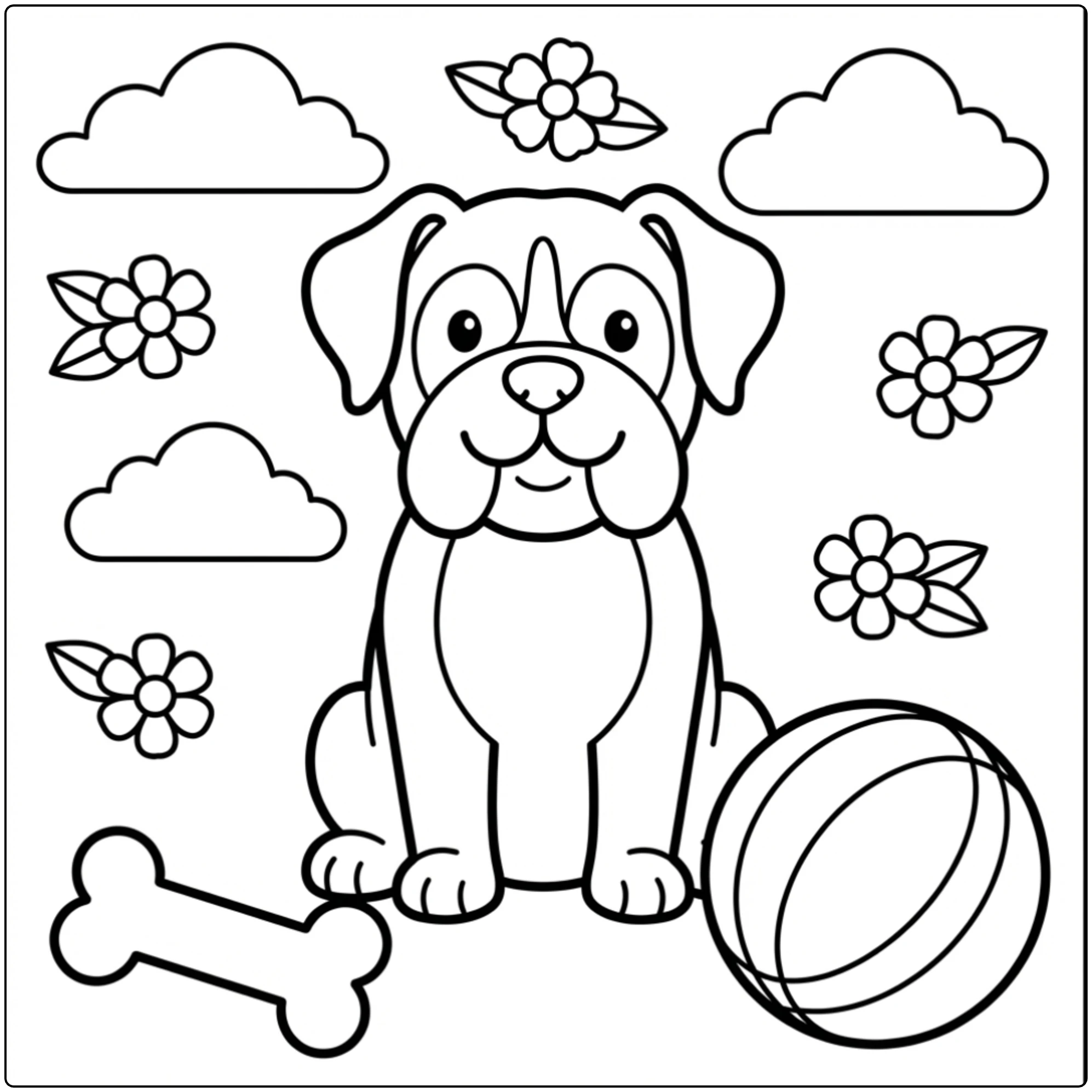 Cute boxer dog coloring page for preschool with bone and ball