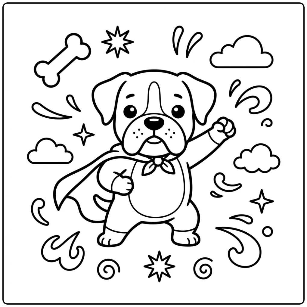Cute superhero Boxer Dog coloring page with a cape.