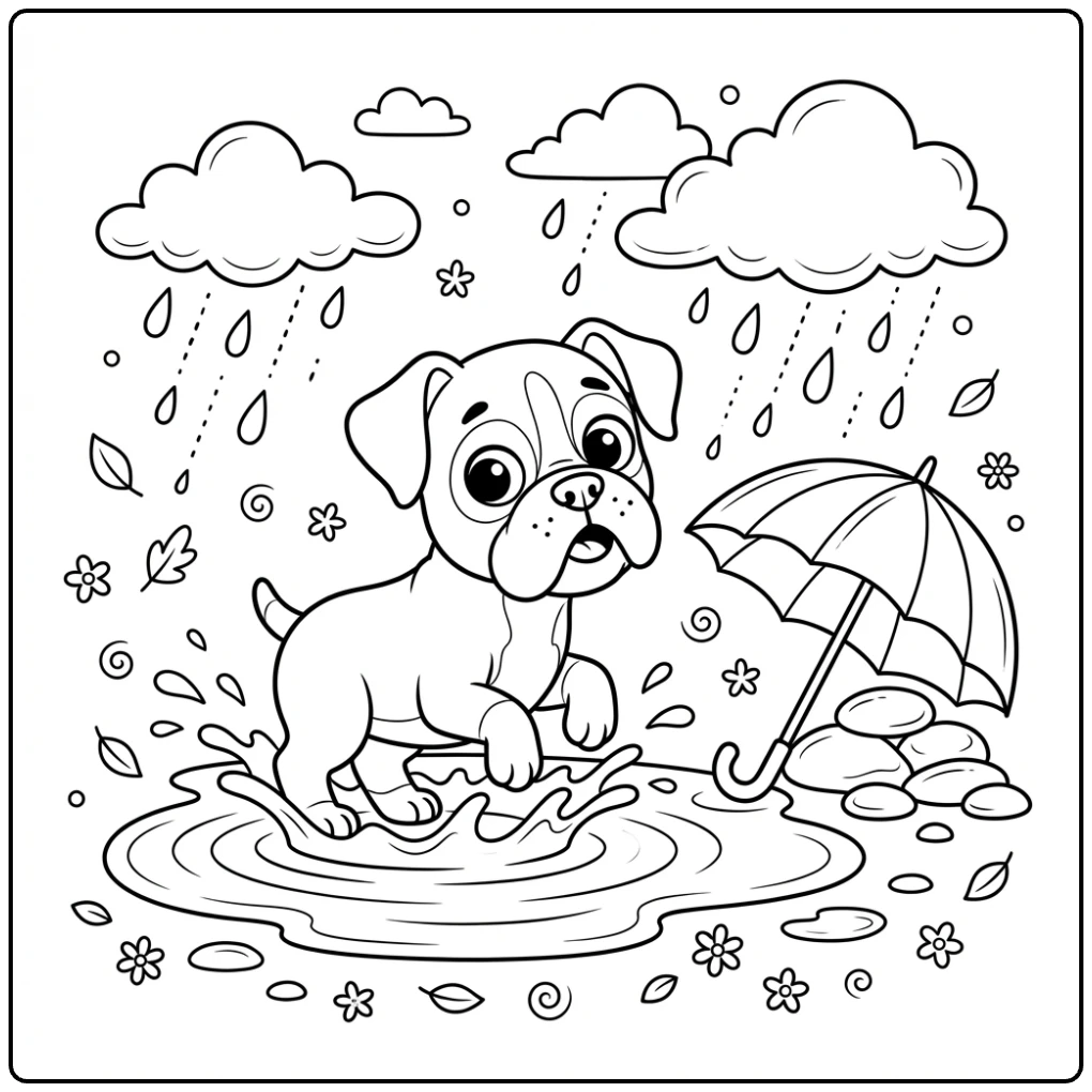 Cute Boxer Dog coloring page splashing in puddles with rain.