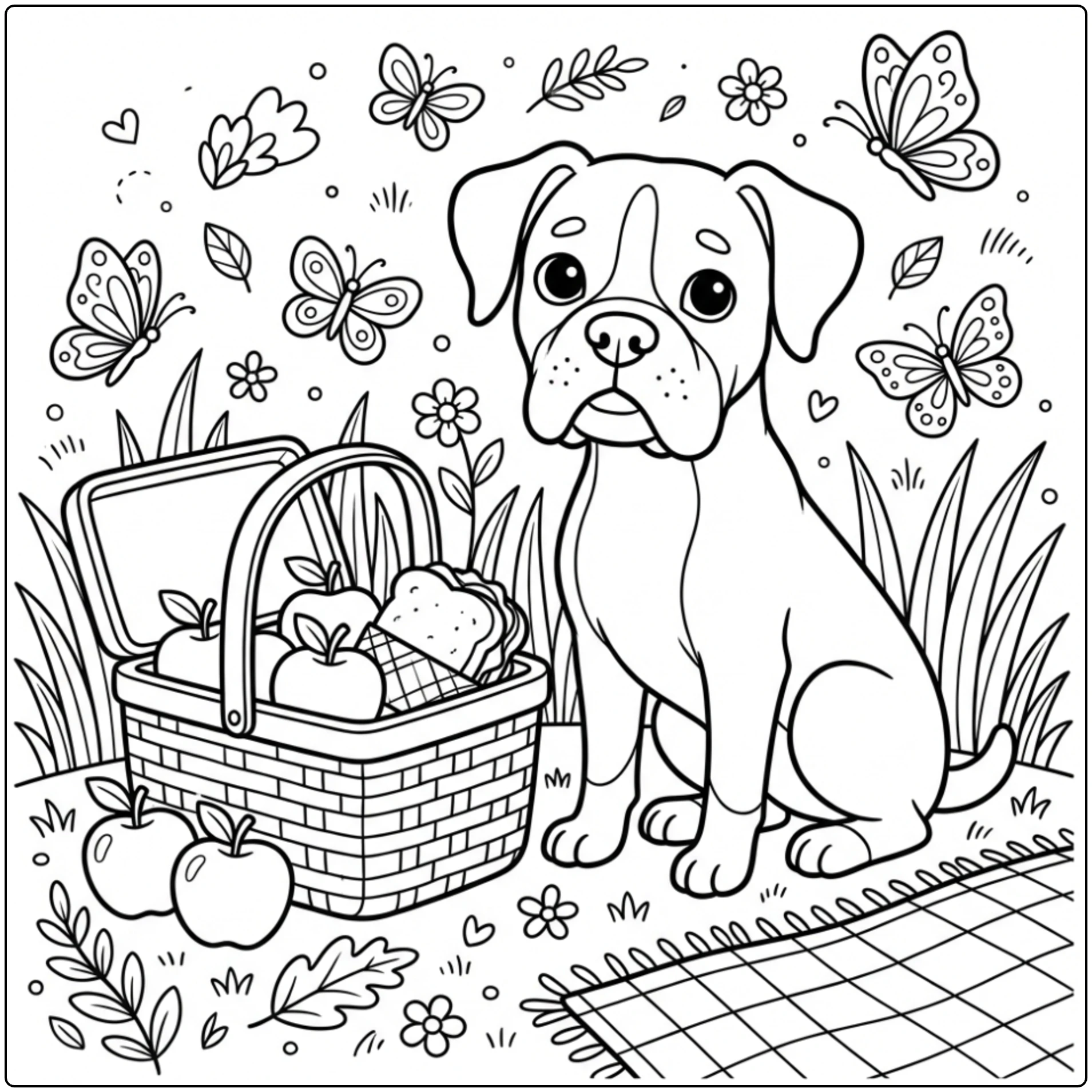 Cute Boxer Dog coloring page with picnic basket and butterflies