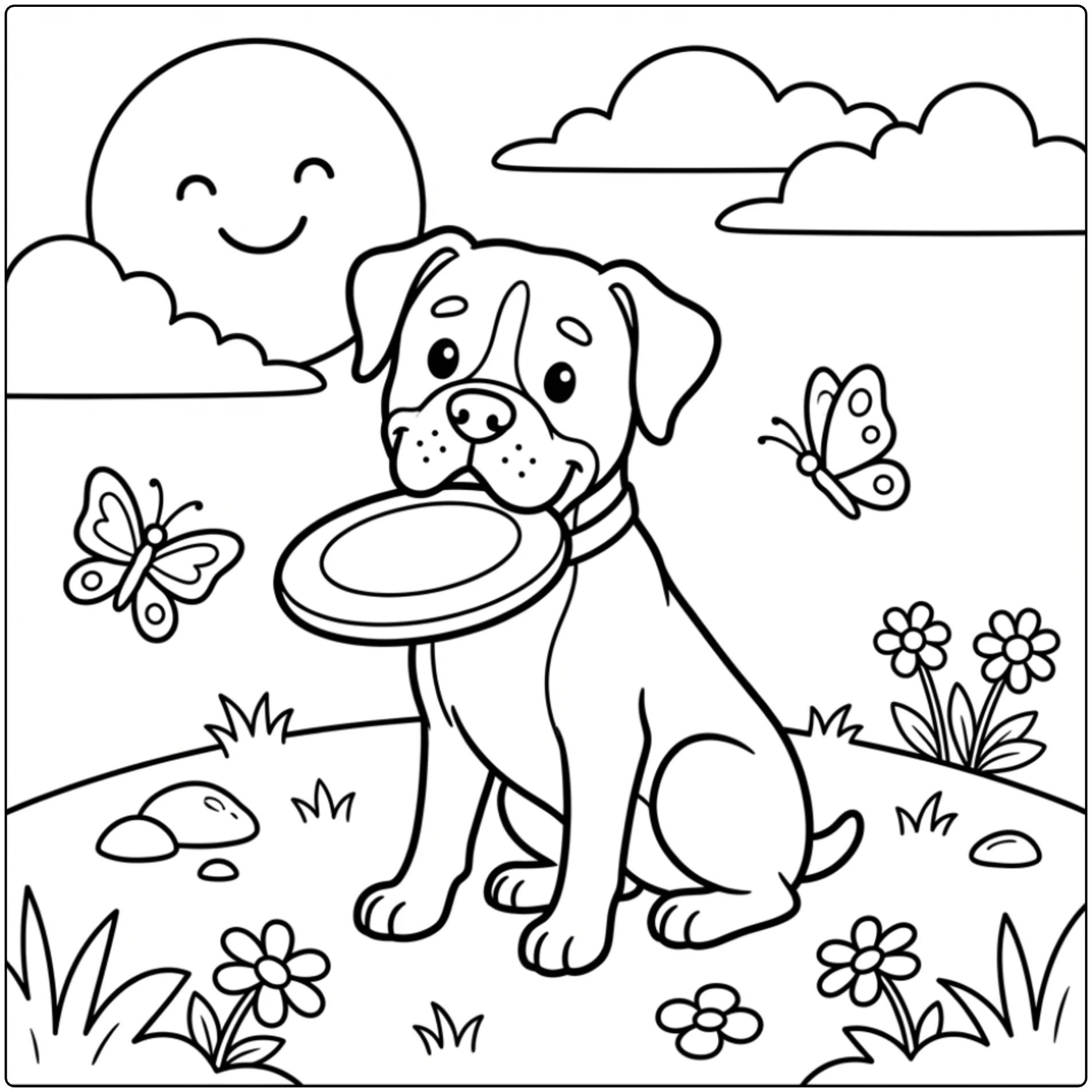 Cute Boxer Dog coloring page with frisbee on a sunny hill.