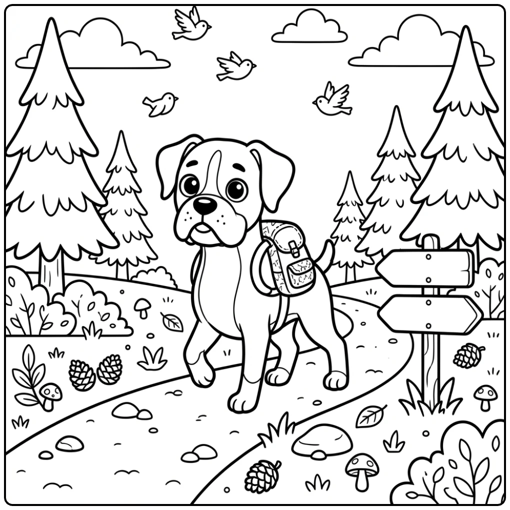Cute Boxer Dog coloring page hiking on a trail with backpack