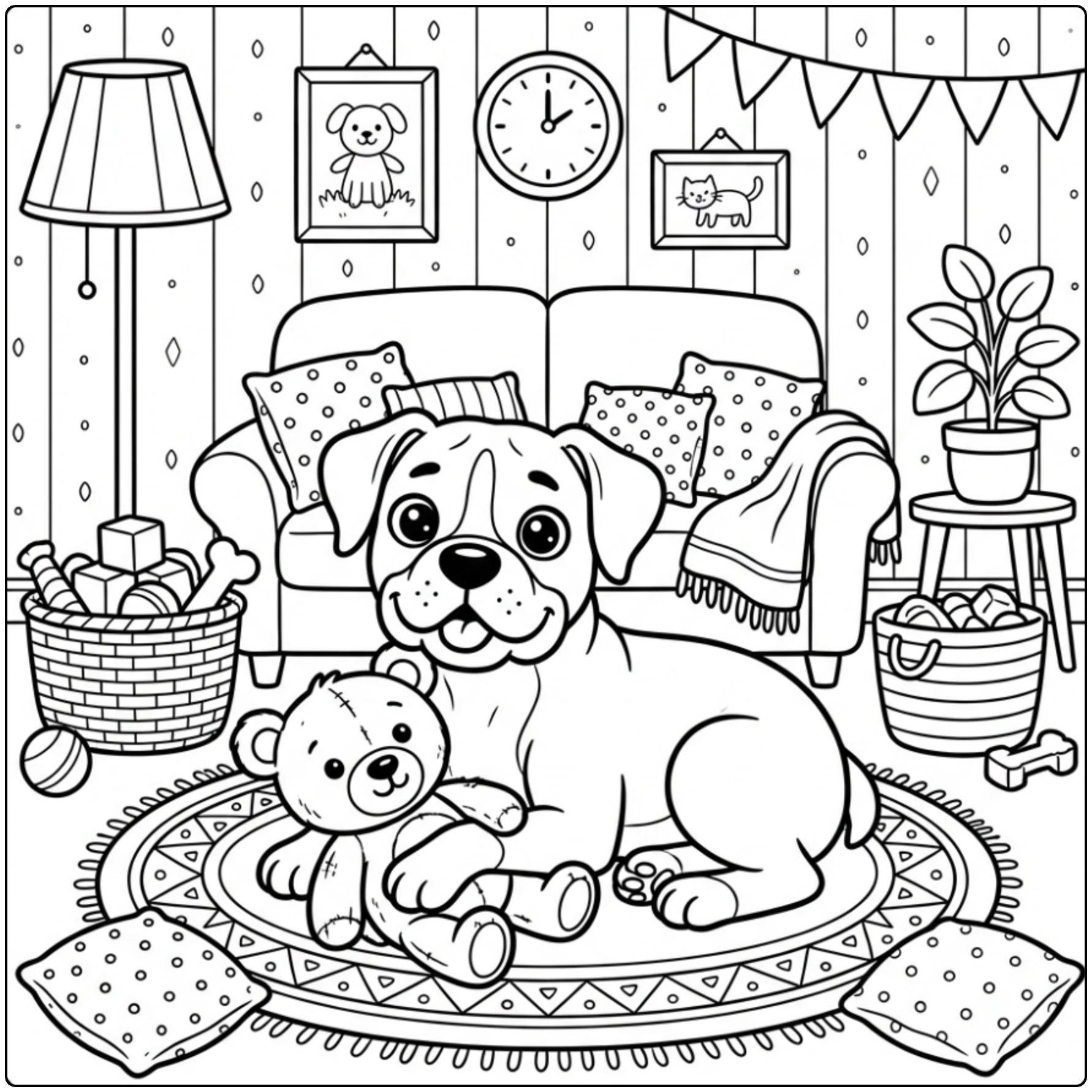 Cute Boxer Dog coloring page guarding a teddy bear on a rug.