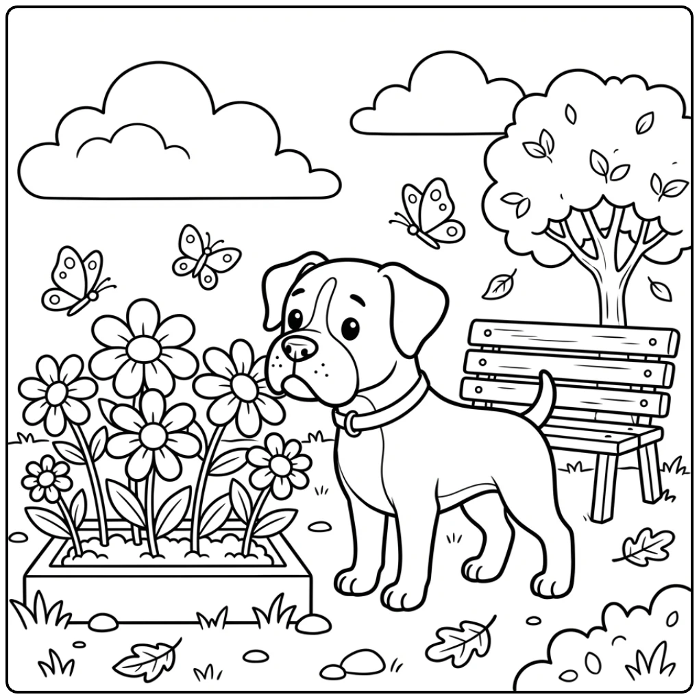 Cute boxer dog in the park coloring page sniffing flowers.
