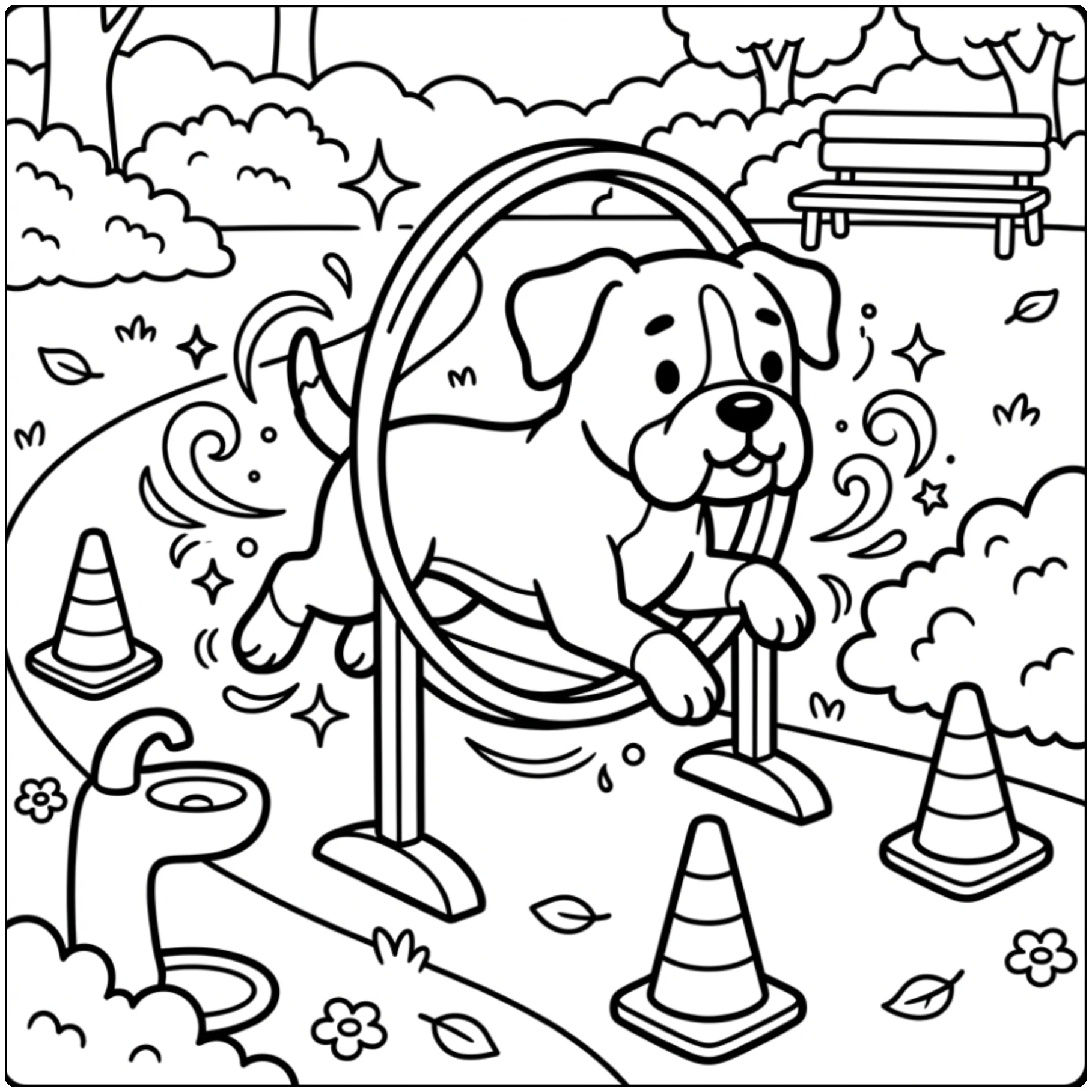 Cute boxer dog in the park coloring page jumping hoop
