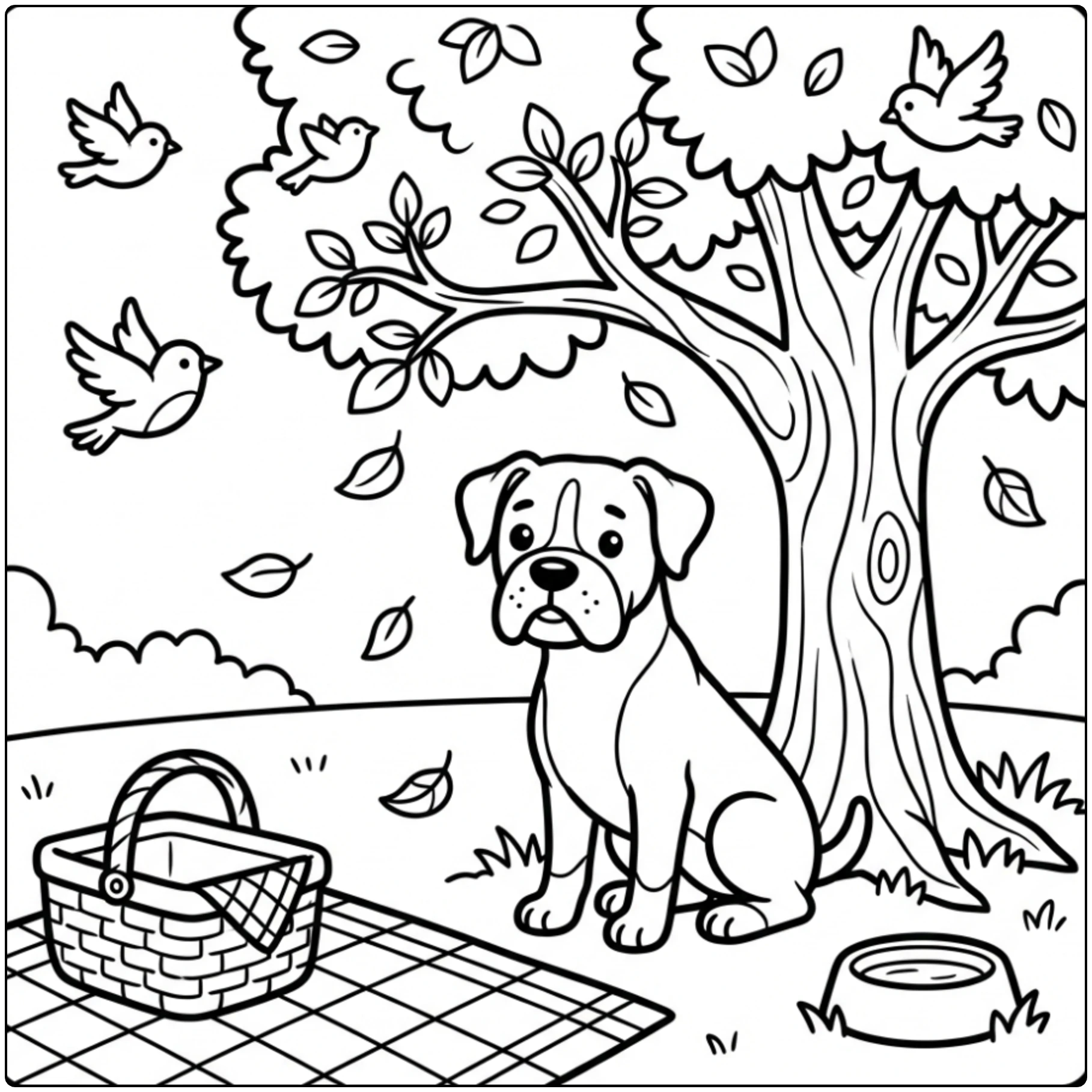 Cute boxer dog in the park coloring page with falling leaves.