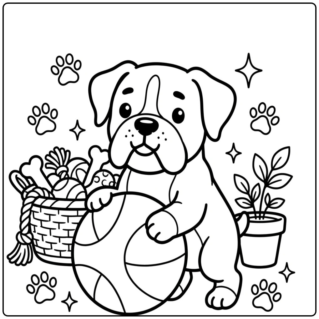 Cute boxer dog with ball coloring page for kids to print.
